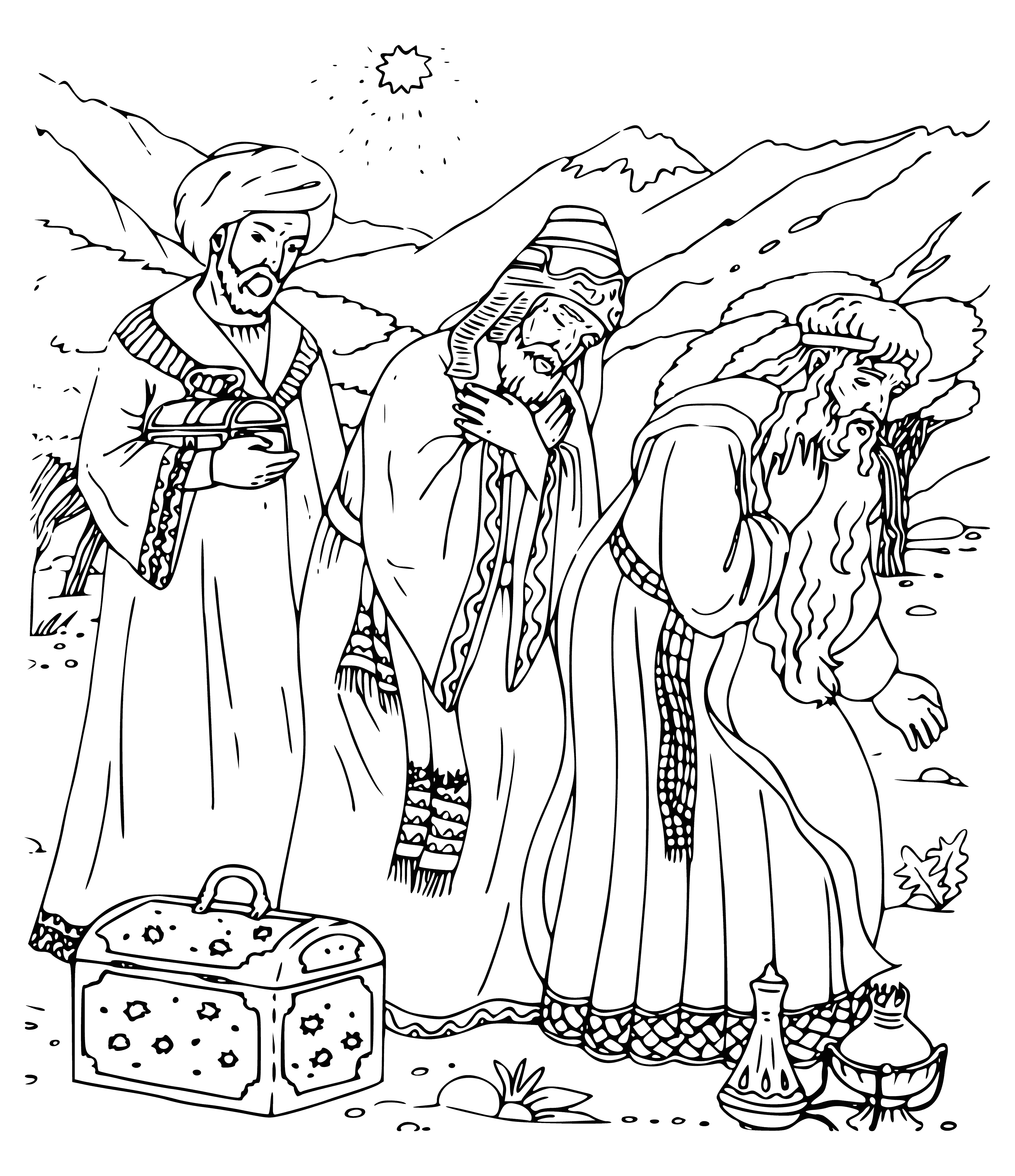 coloring page: 3 magi in robes & turbans worshiping at a stable, holding gifts & staff. A star shines in the sky above. #Epiphany