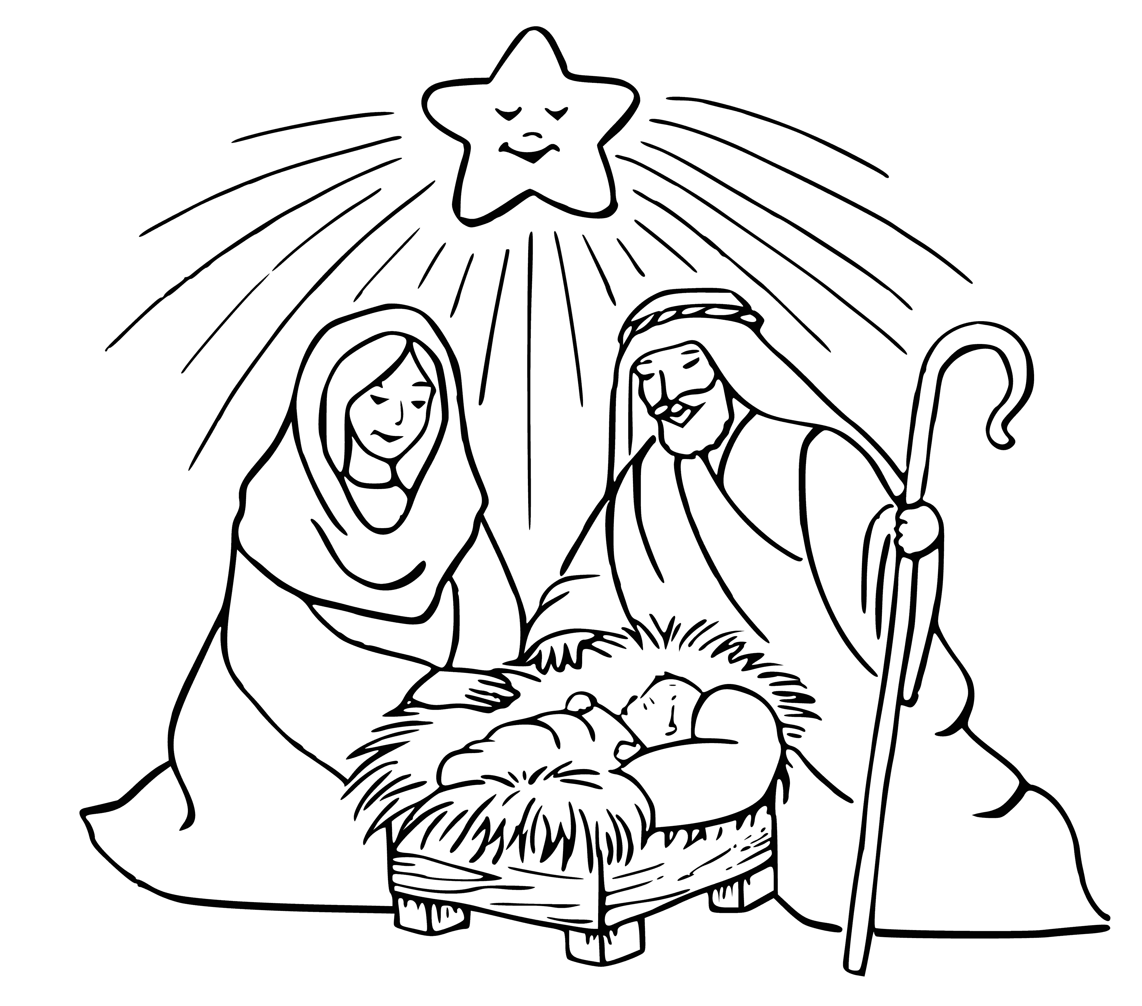 coloring page: Jesus born in a stable, wrapped in swaddling clothes, & laid in a manger with an angel & shepherds present.
