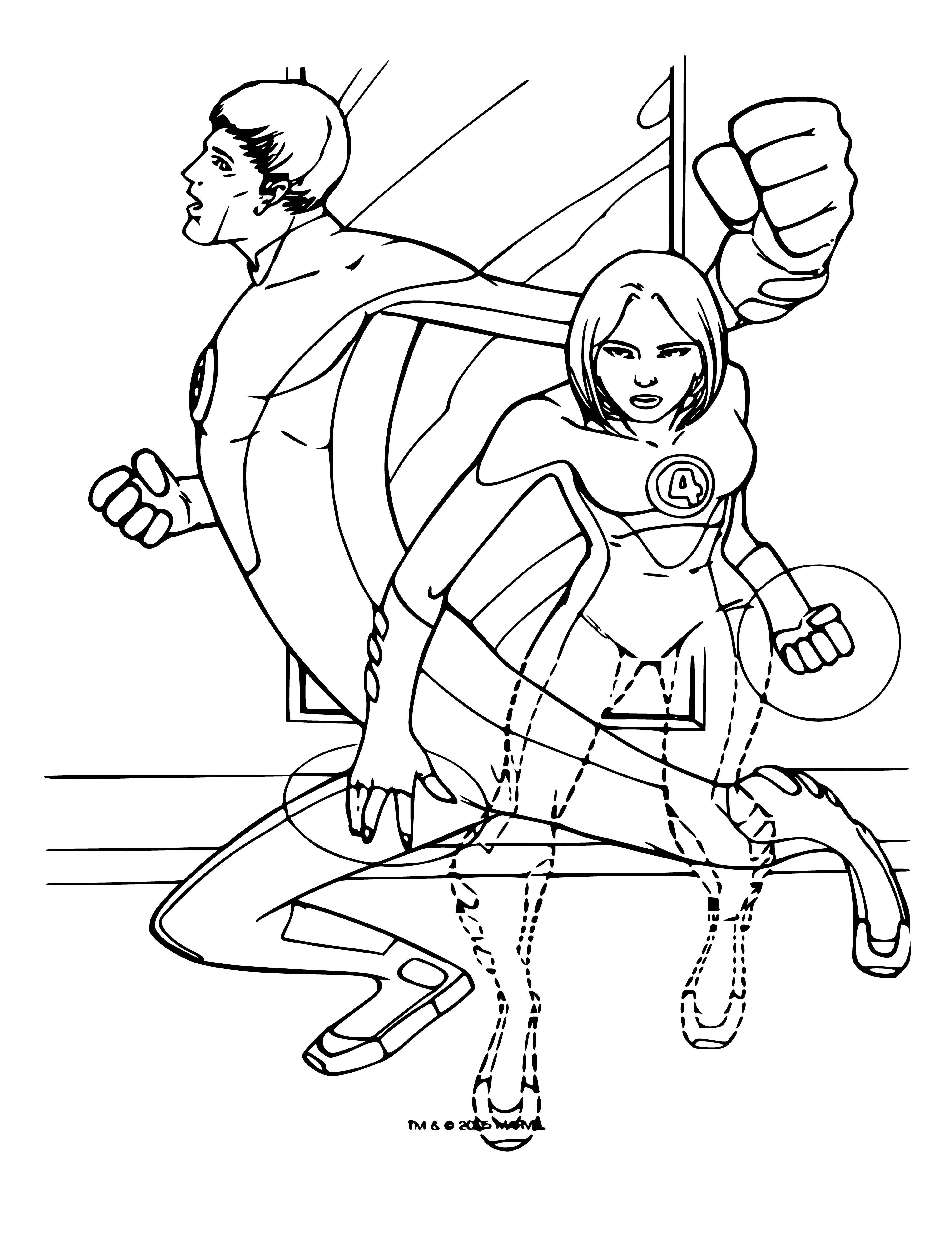 coloring page: Fantastic Four fly through air, each wearing a suit except Thing (covered in orange rock), faces serious.