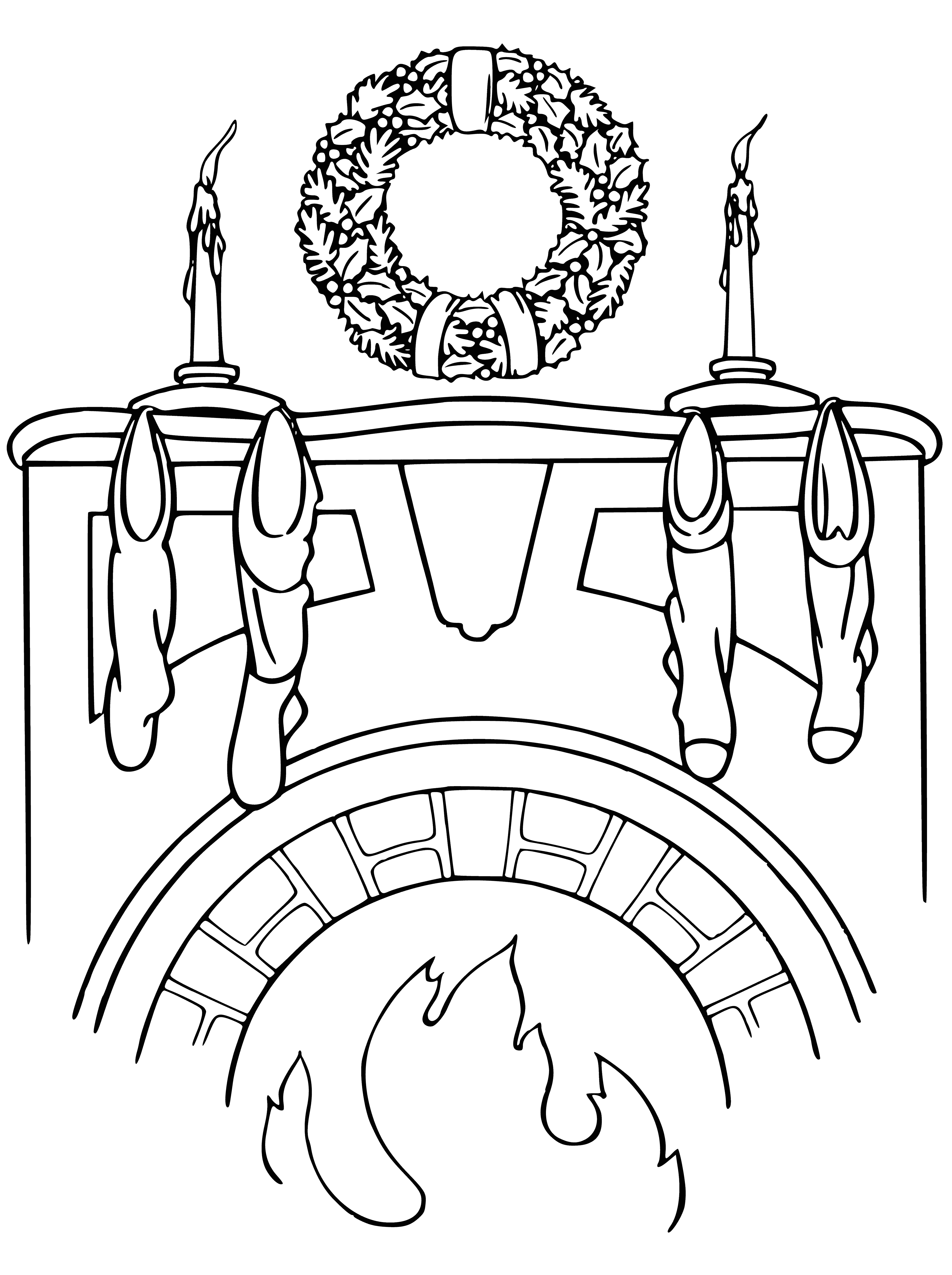 coloring page: Christmas fireplace with candles, wreath, garland, & hung stockings--all creating a festive holiday atmosphere.