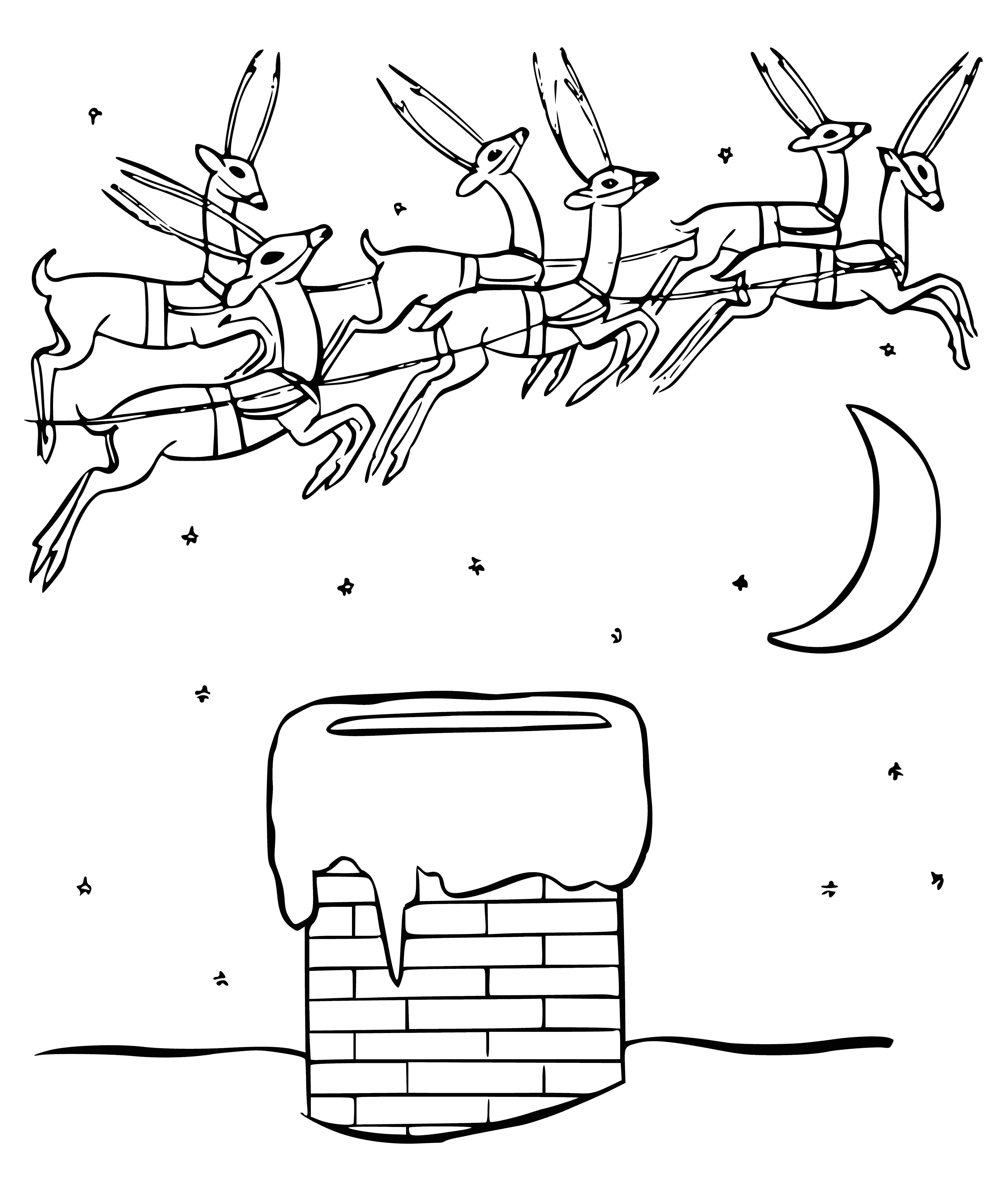 coloring page: Santa riding in a long, red-cloth covered carriage drawn by 8 white reindeer, waving and smiling with two sacks of presents.