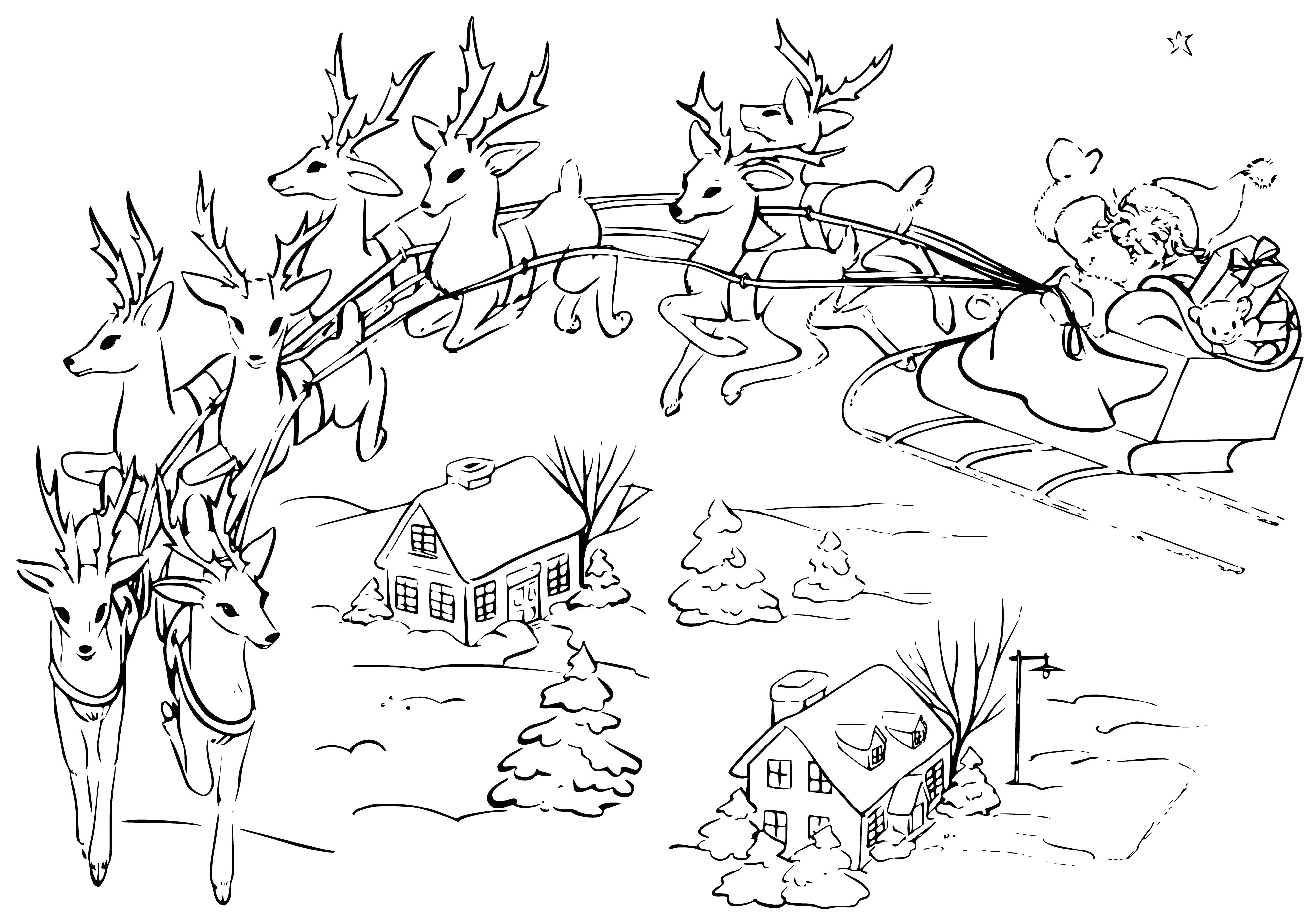 coloring page: Santa brings joy to the world on Christmas night, delivering presents to happy children with a sack full of toys and goodies.