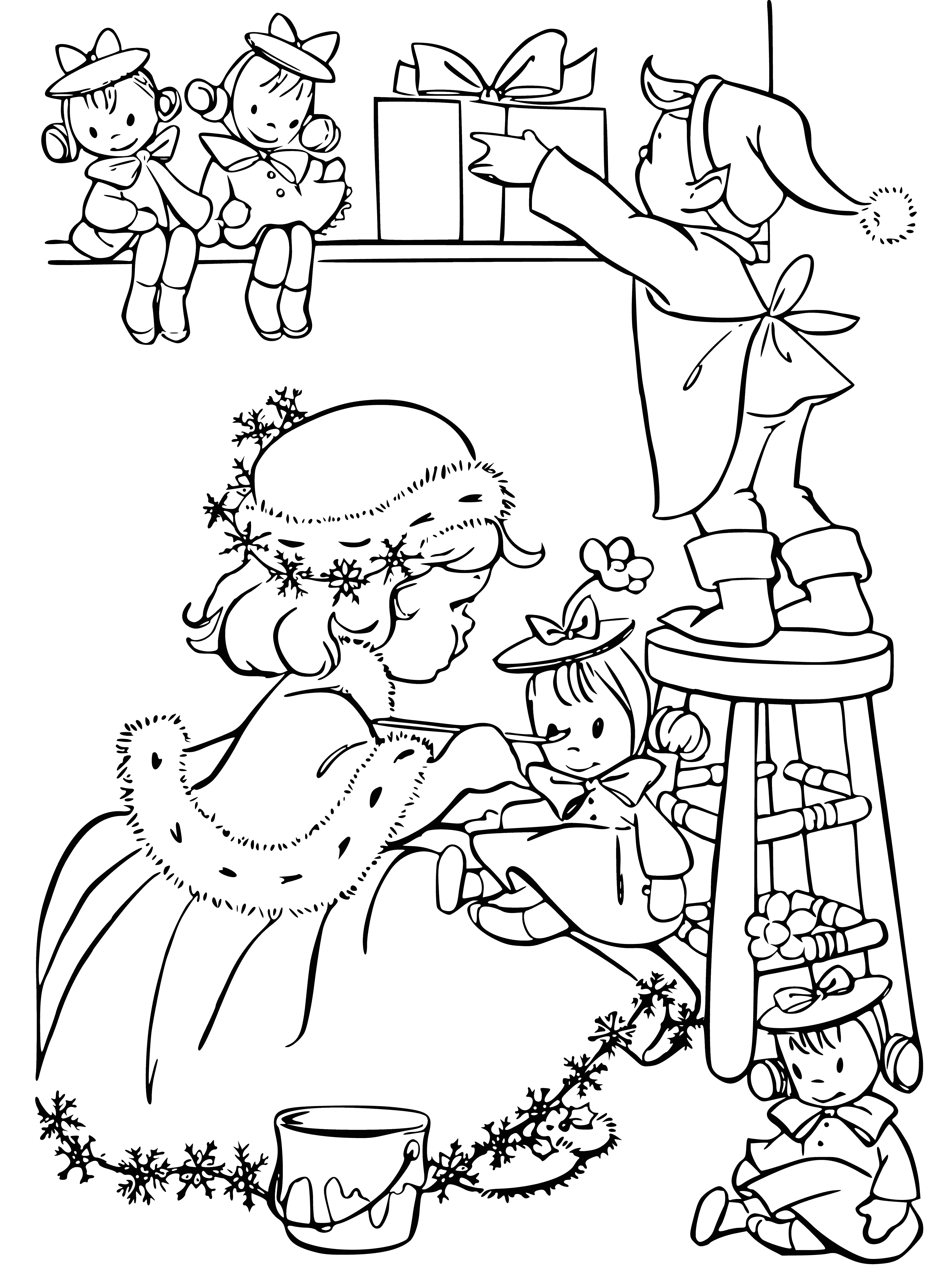 coloring page: Two lg Christmas presents under tree: shiny red with grn bow & bigger blue with yellow bow. Fireplace w/ blazing fire & more presents on mantel & floor. Stocking stuffed full.