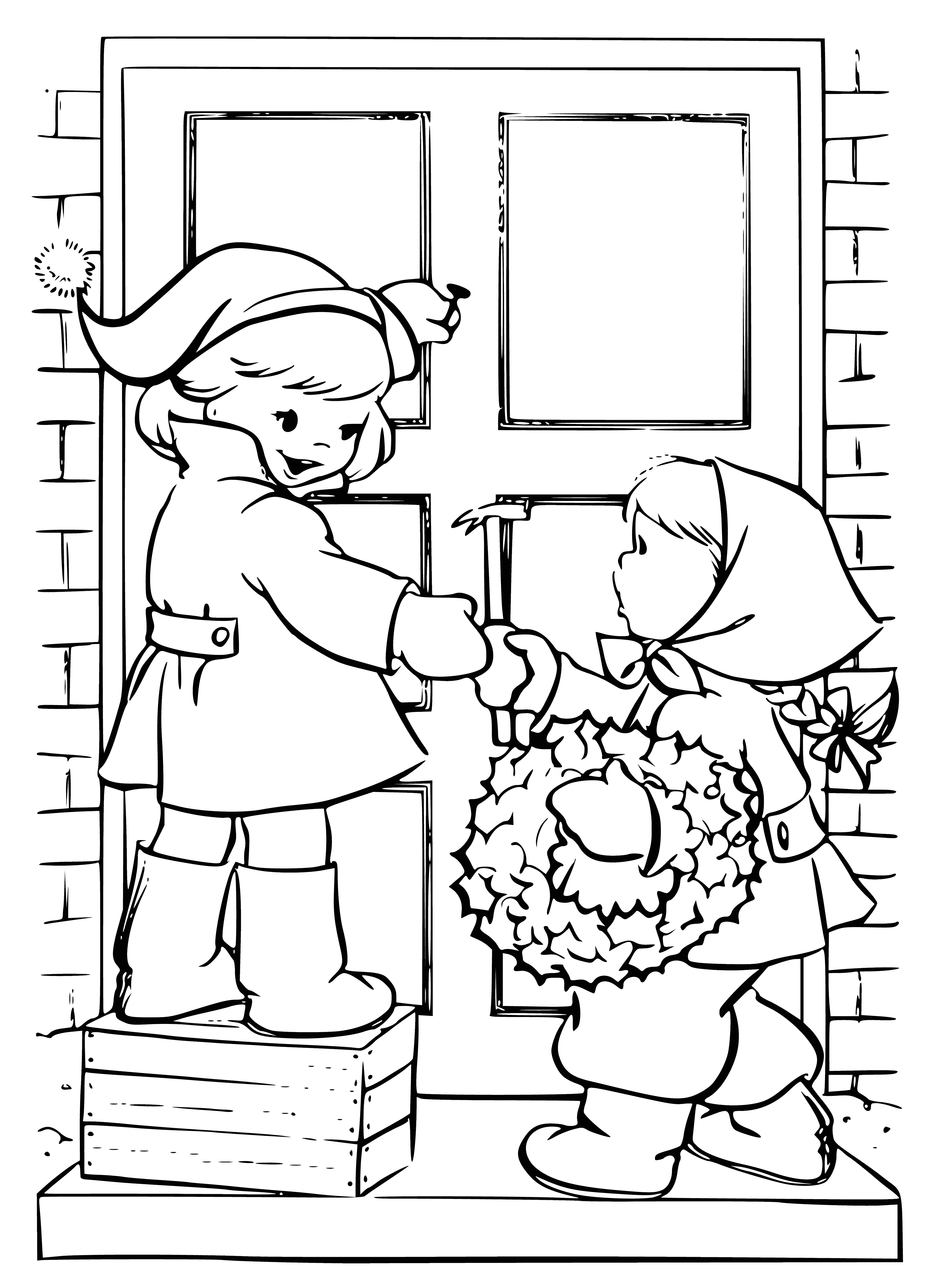Children hang a Christmas wreath w/ green leaves, red berries & pinecones. They stand on ladder to decorate. #Christmas #Coloring
