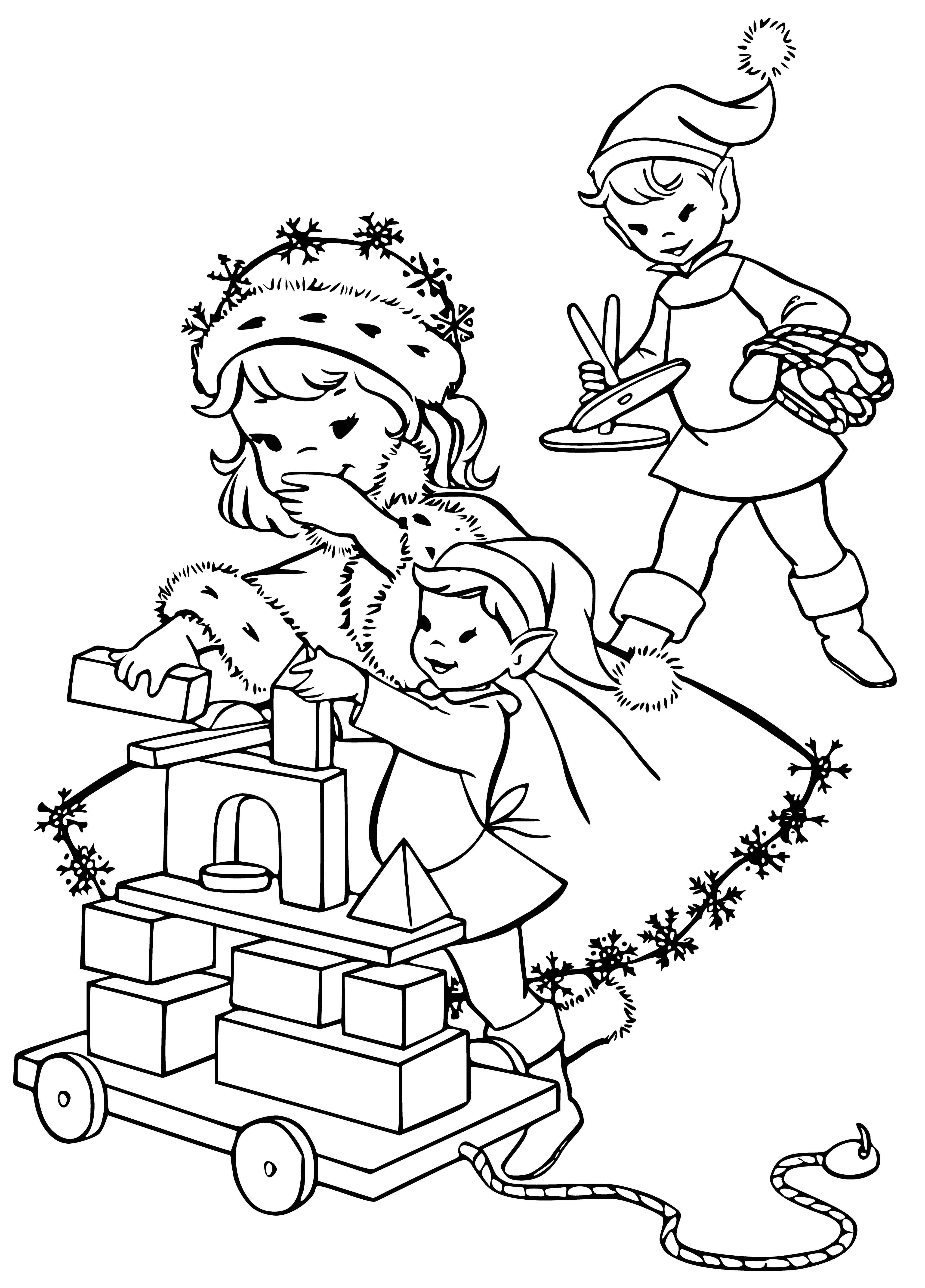coloring page: Presents wrapped in red, green, & gold paper w/ red & gold bows. Some under the tree & others in front of it. #ChristmasGift #Wrapping