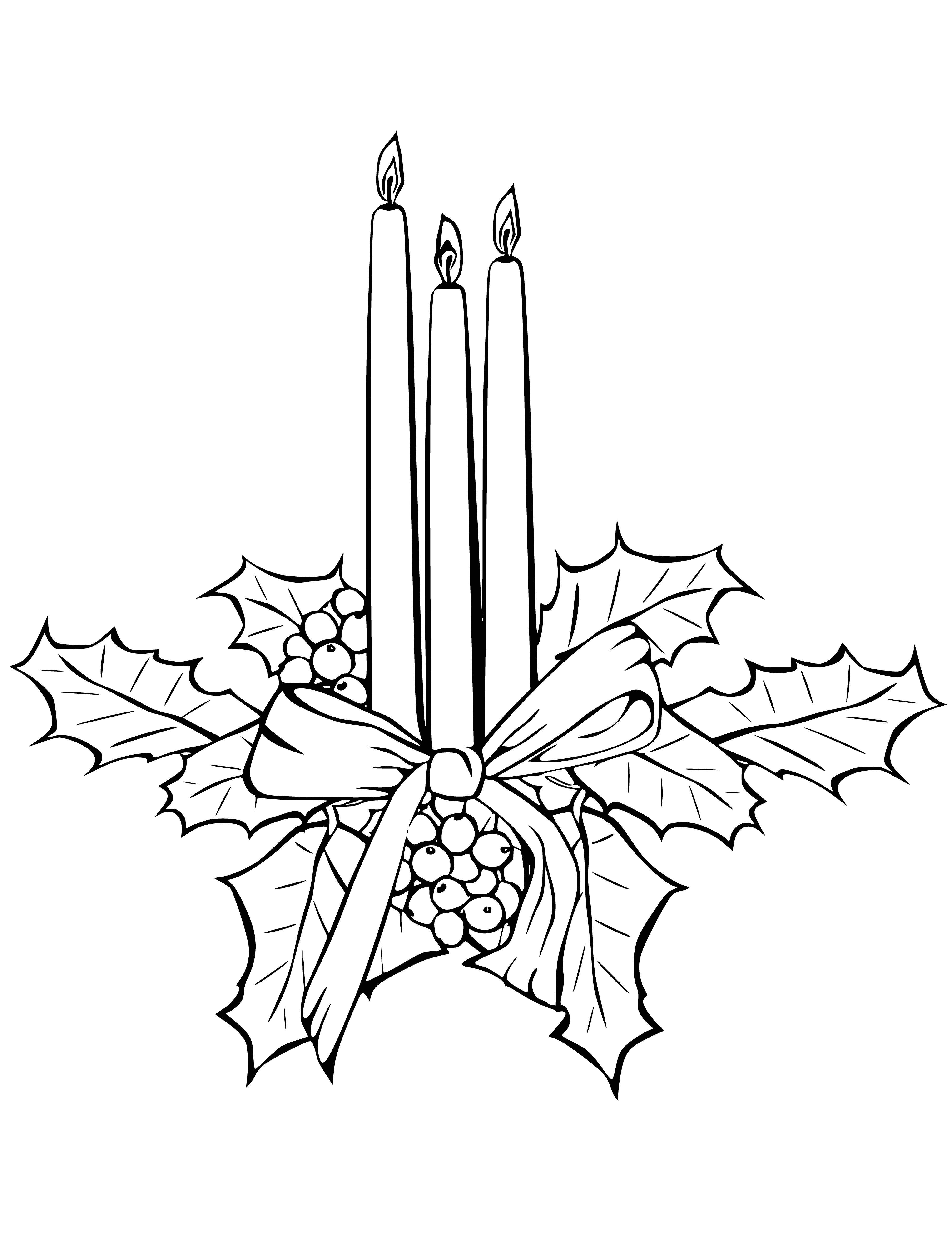 coloring page: 4 candles of varying heights (tallest in middle) surrounded by greens & berries - tallest white, 2 sml red. #romanticatmosphere