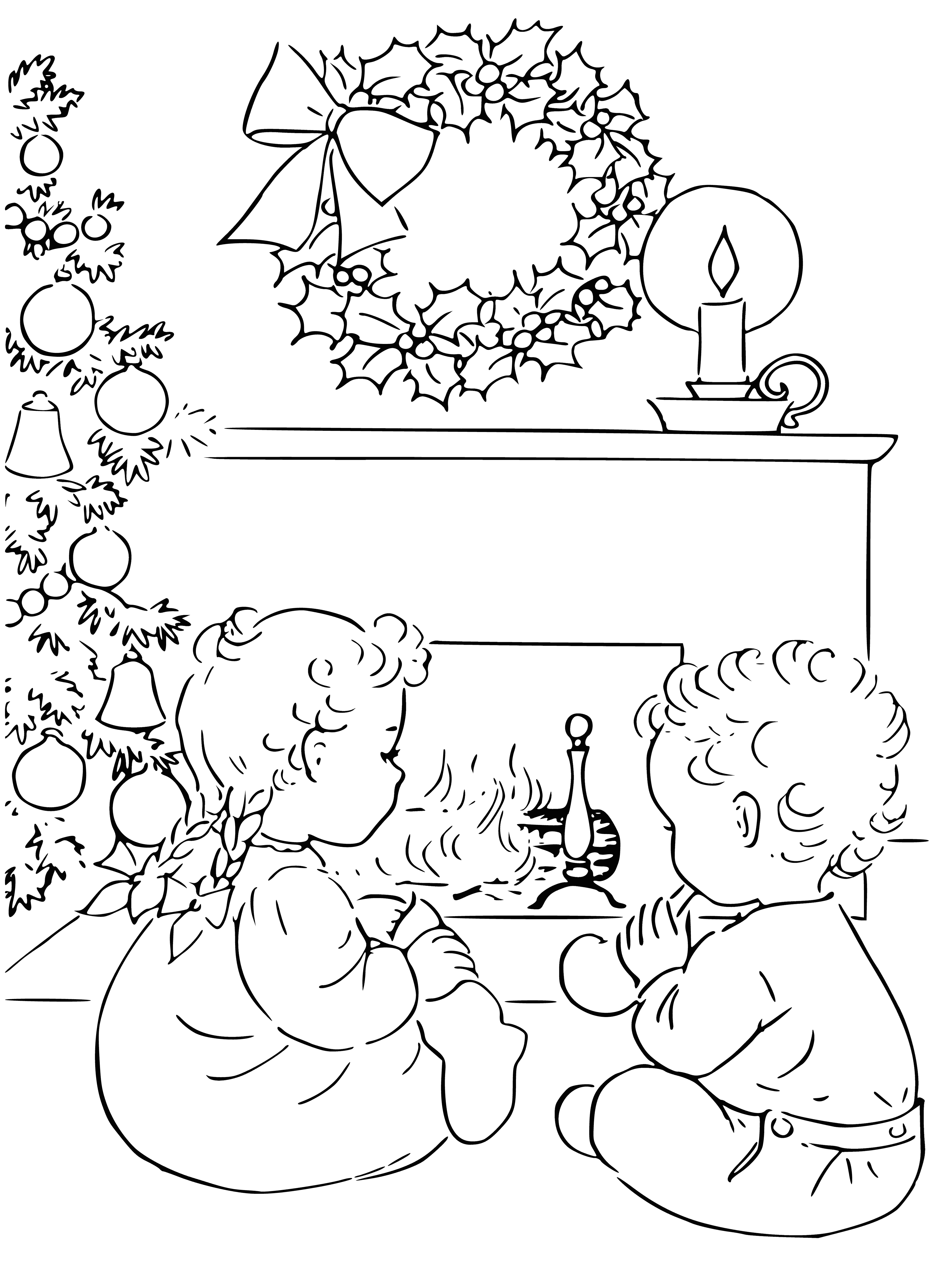 coloring page: Four blonde girls huddle before a fireplace - youngest girl on lap of one, two girls in middle looking at third girl looking at camera.