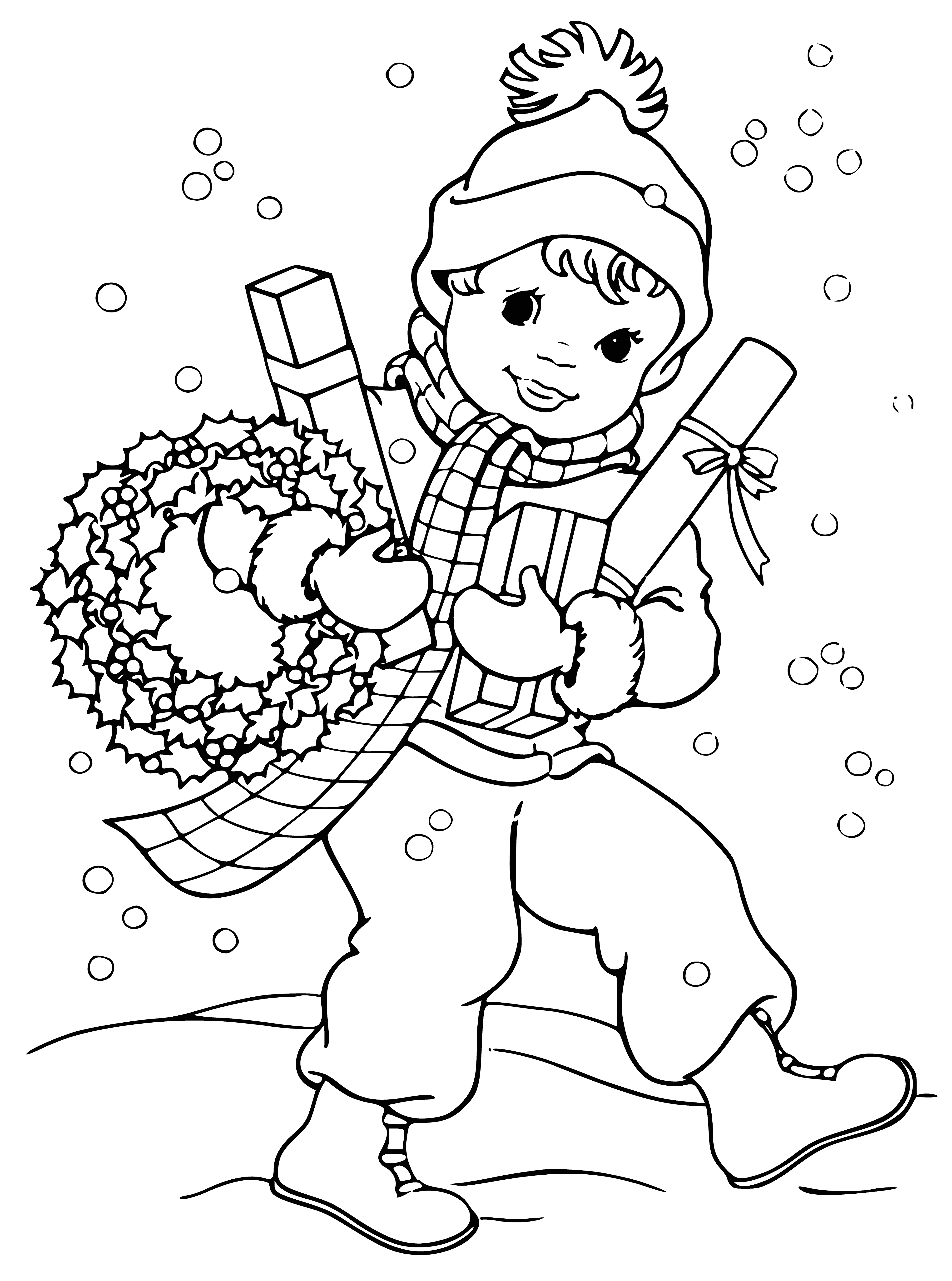 coloring page: Young boy, ~6/7, kneels by tree wearing Santa hat, surrounded by gifts. Big smile, excited for Christmas.