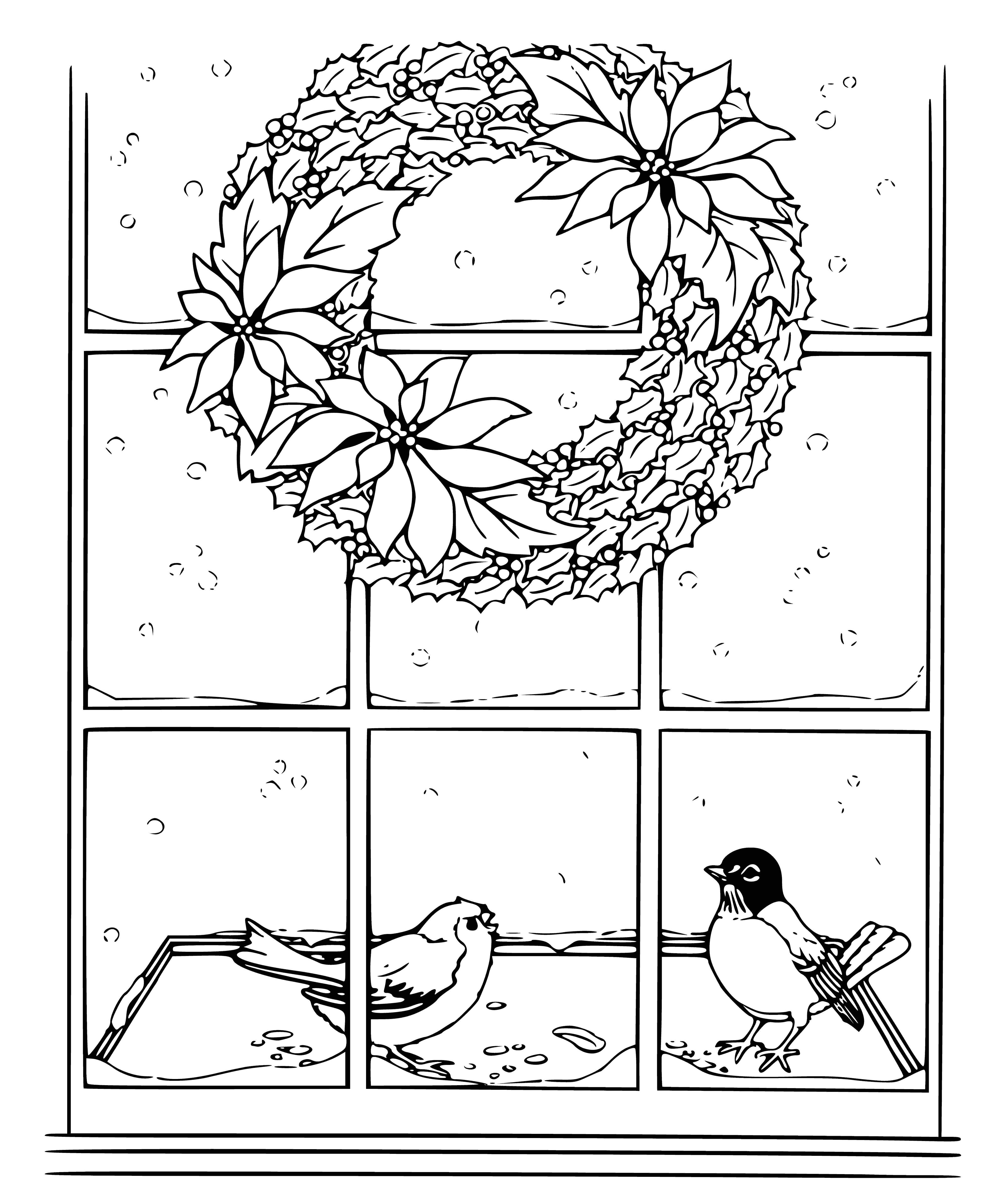 coloring page: 5 birds outside: 3 brown standing, 2 white flying in air; a green forest in background.