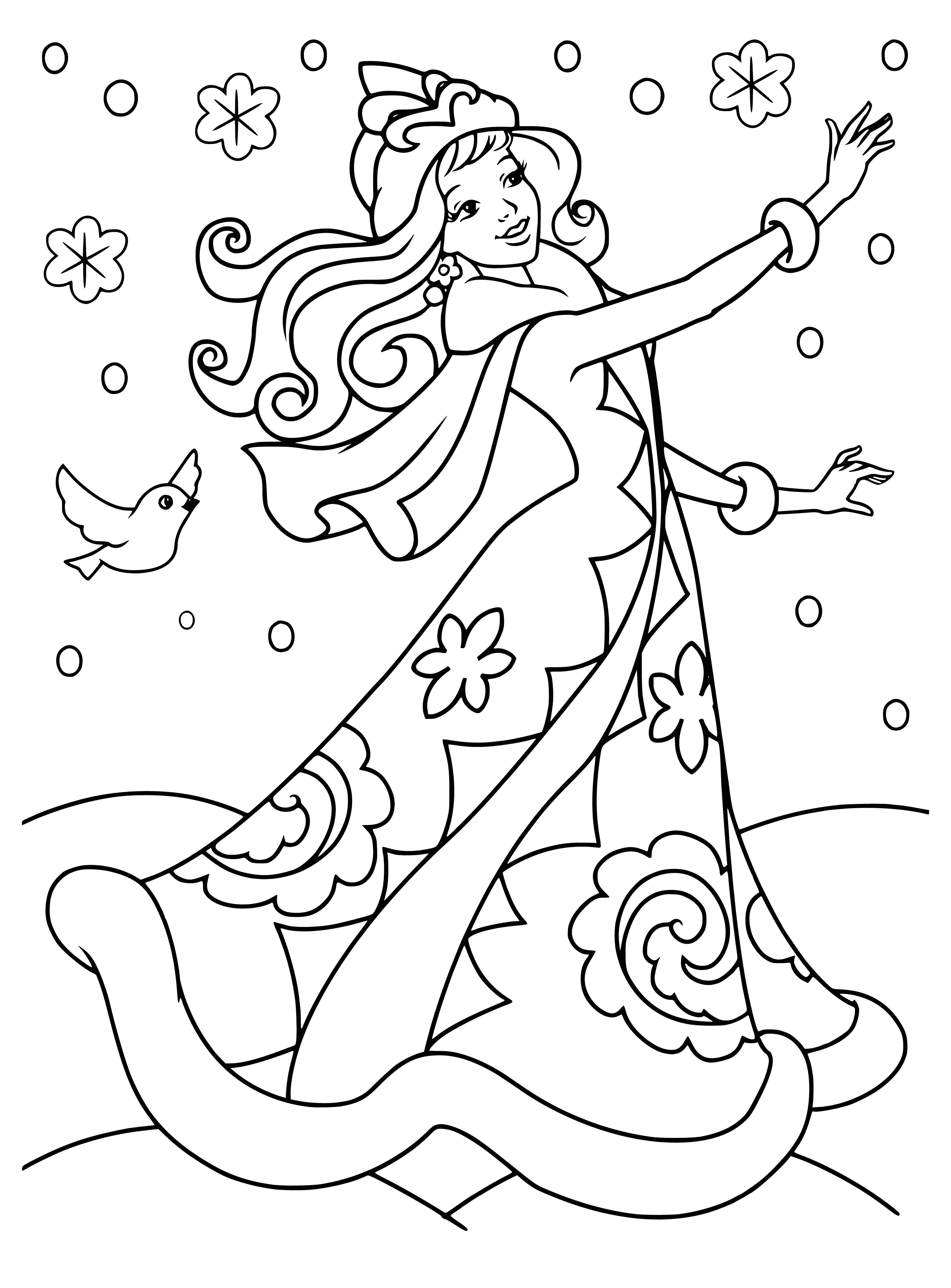 coloring page: Pretty girl in white dress stands in a snowy landscape, wreath in hair & fur-lined cloak, tall fir trees & mountains in the distance.