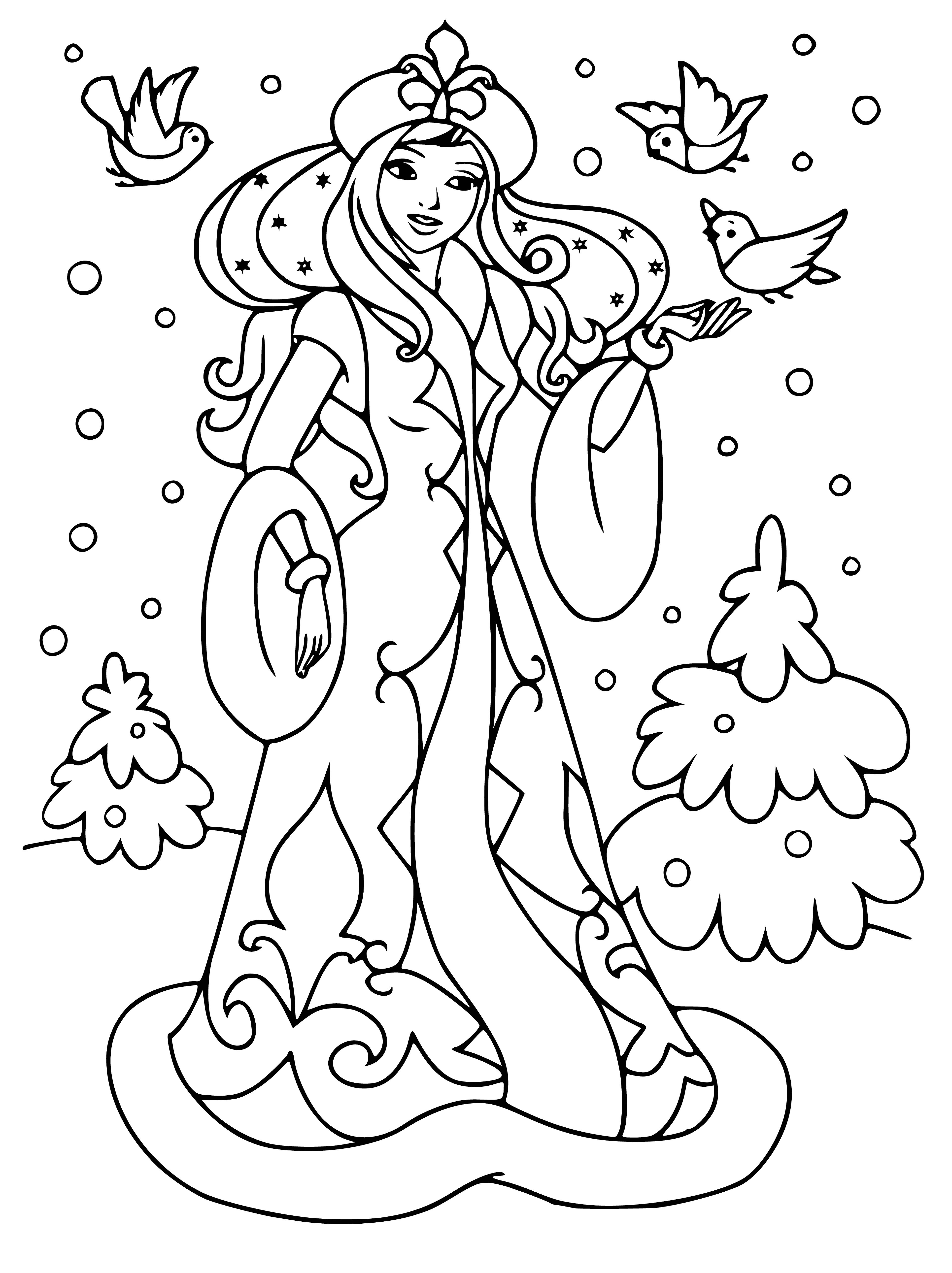 coloring page: Snow Maiden stands in winter forest in white dress, scarf & hair. Blue eyes, holding white candle in right hand - a real winter fairy-tale!