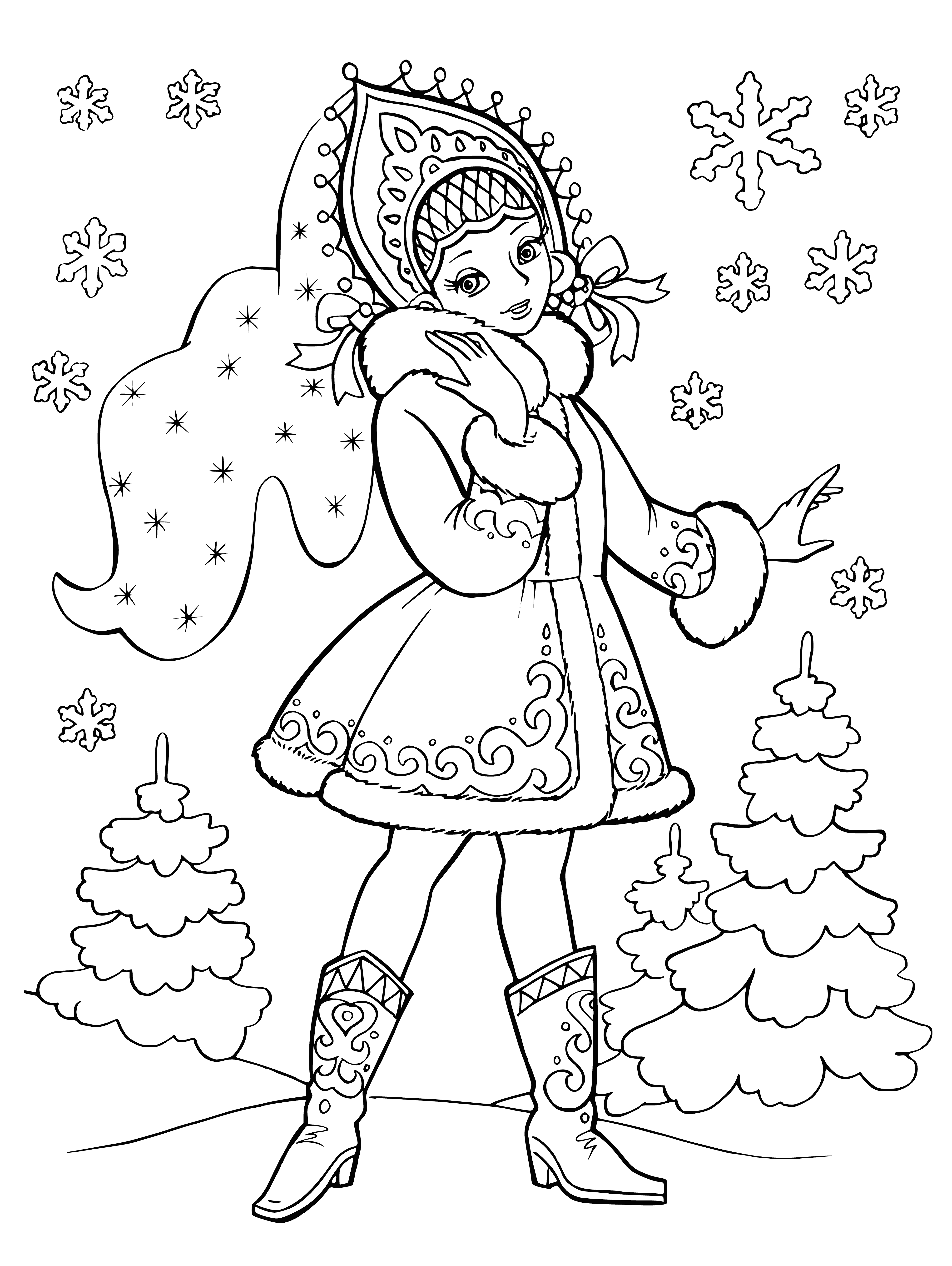 coloring page: Beautiful snow maiden wearing a white dress, blue scarf and a bluebird perched on her shoulder.