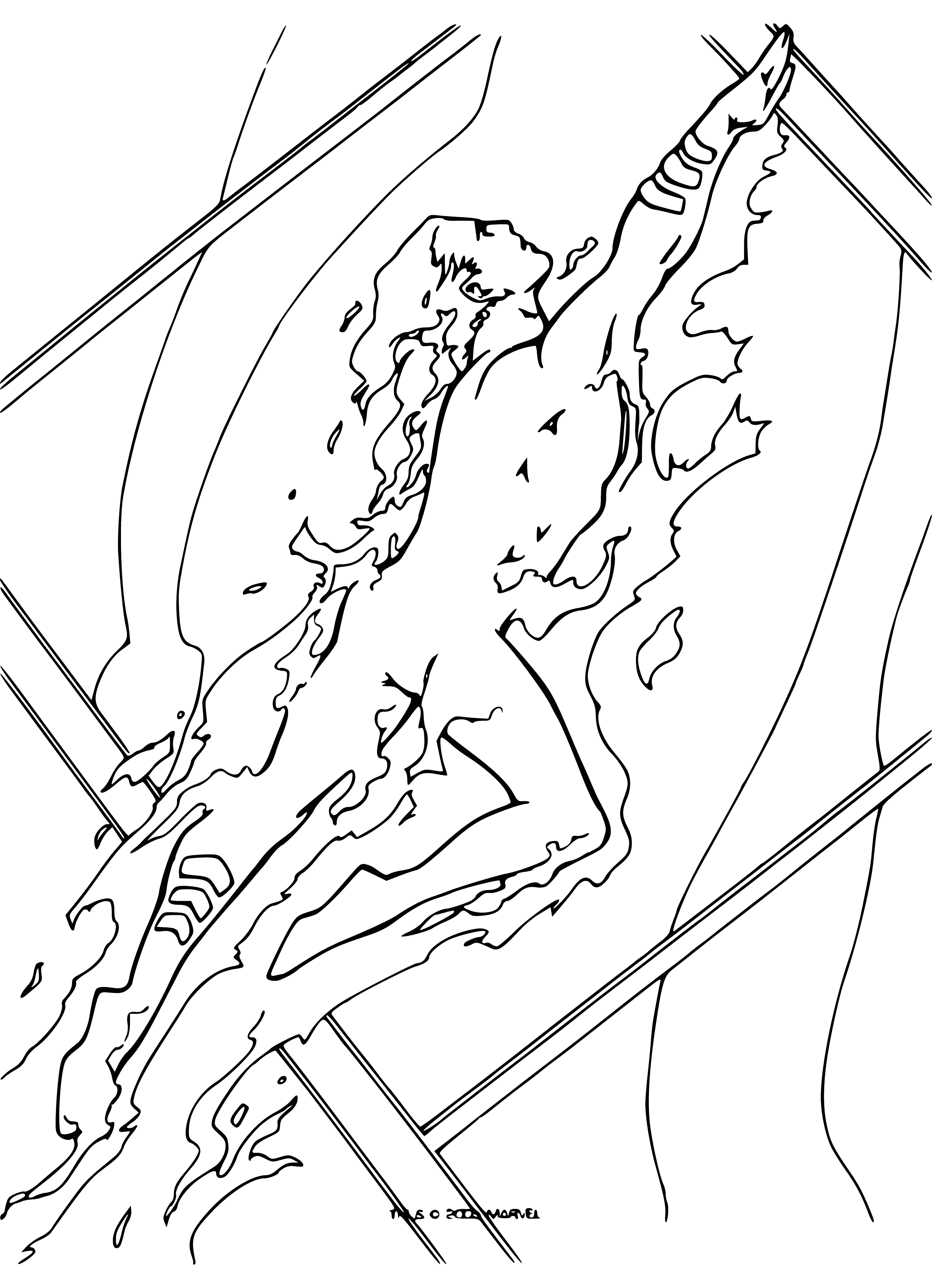 coloring page: Johnny soars the sky, body aflame in red & white costume, having the time of his life.