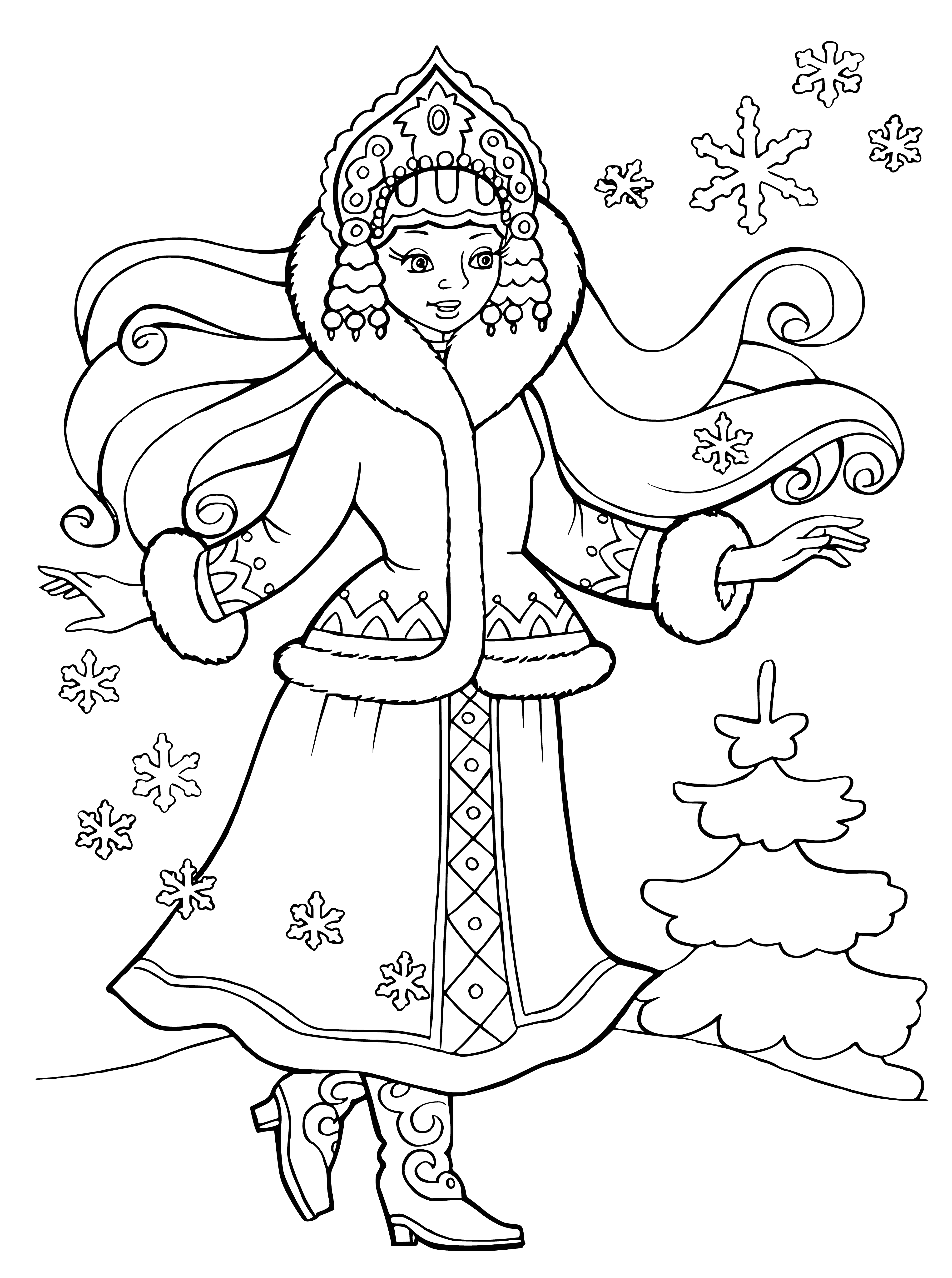 coloring page: Maiden w/ pale skin & blue eyes stands in front of winter scene: snow & trees. White scarf & snowflakes in her hair.