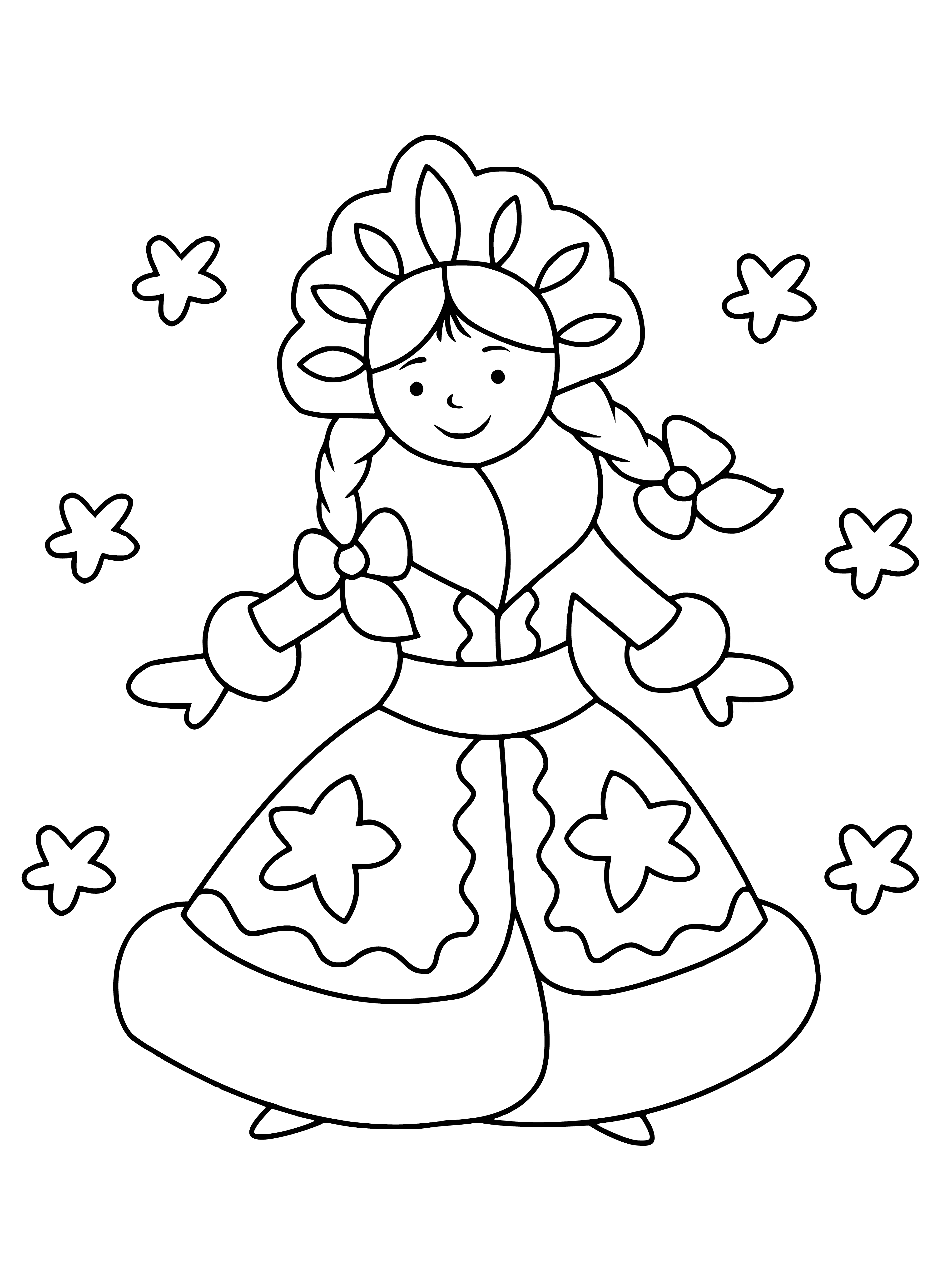 coloring page: Girl made of snow stands amongst winter wonderland of snow-capped trees & icicles, looking serene.