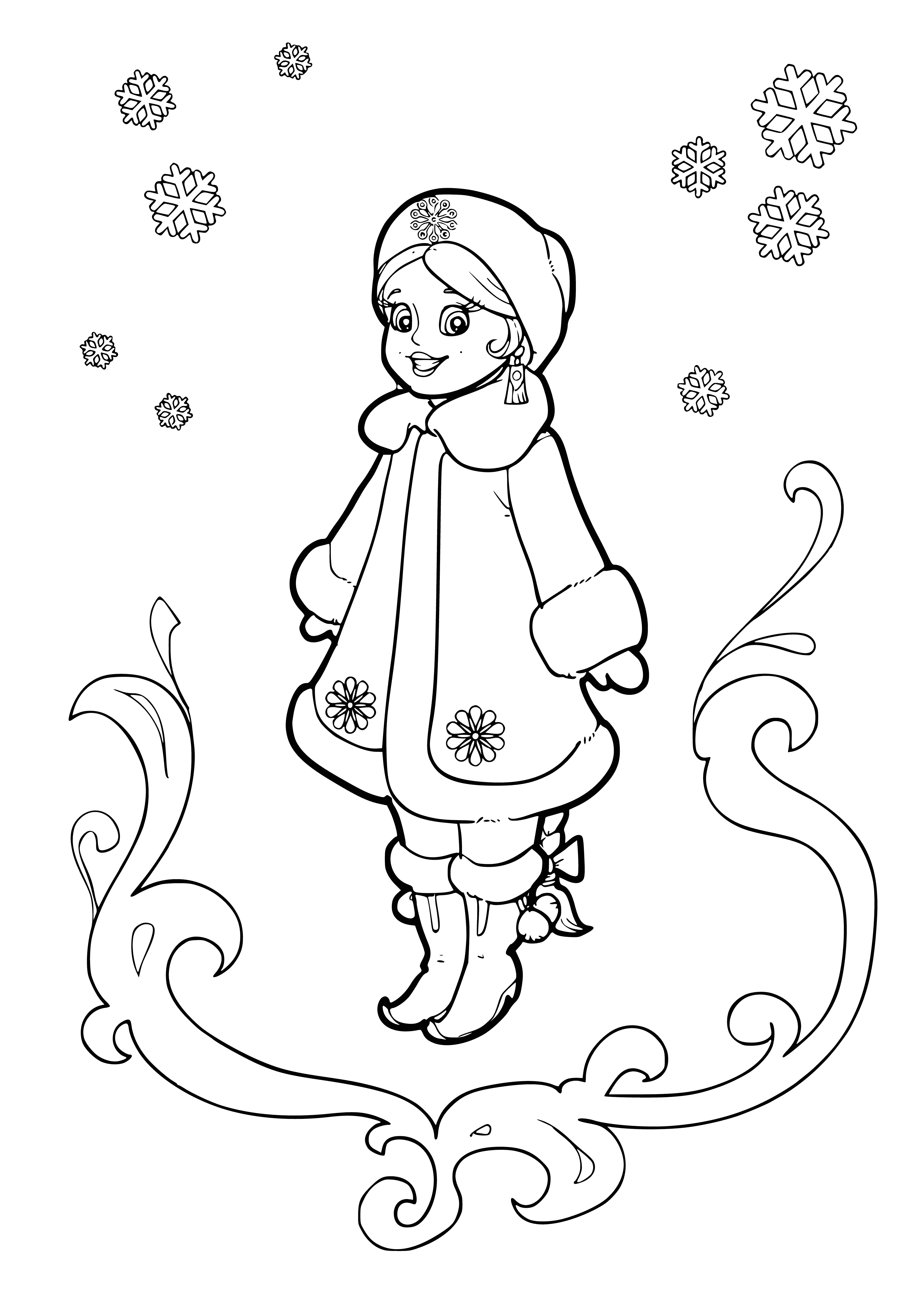coloring page: Young girl in fringed cape & headdress sits on log in snow, mischievously holding a basket of berries--like she's up to something!