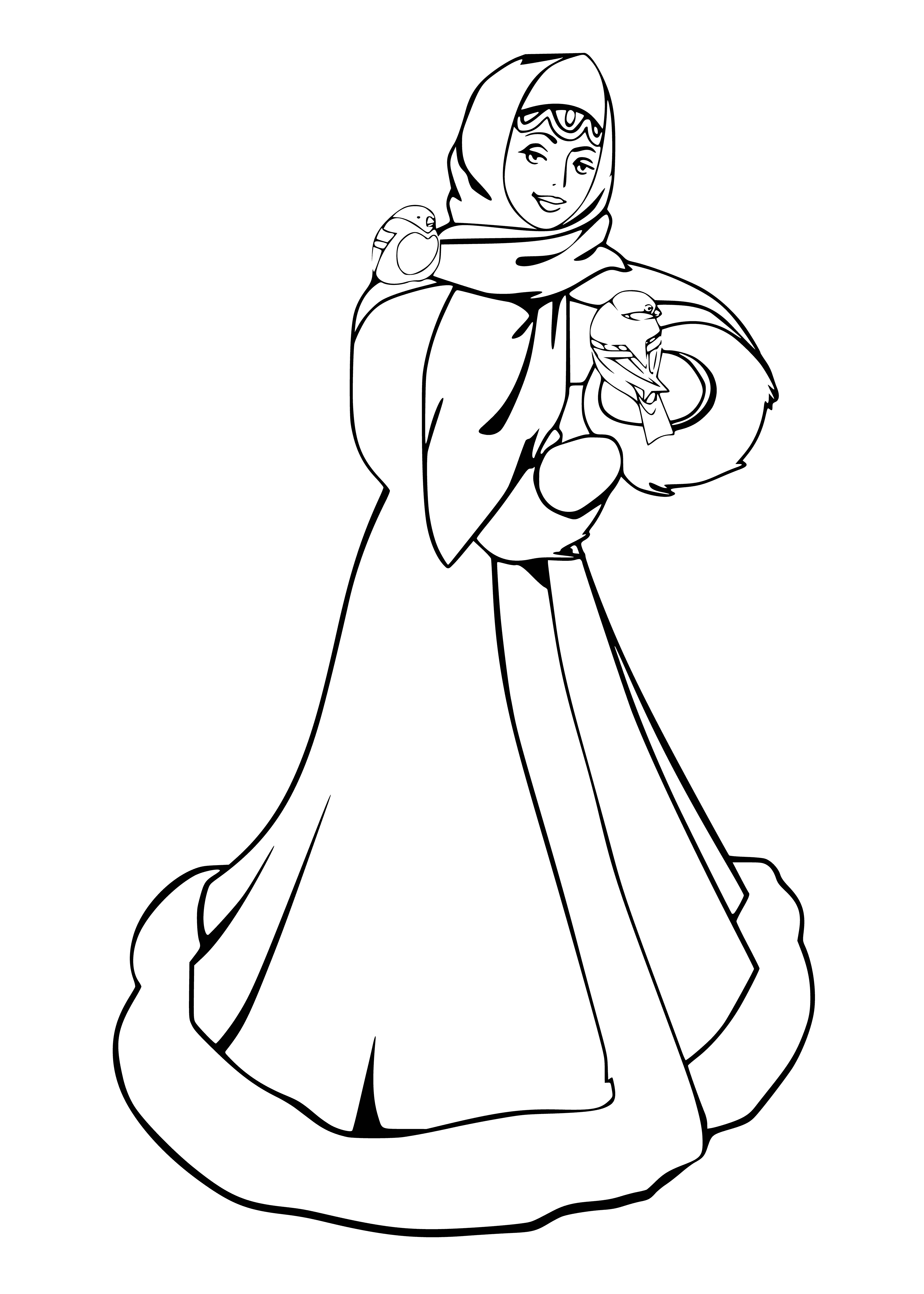 coloring page: Snow Maiden smiles amidst snowfall, bird perched on her shoulder, holding a flower and one hand on her chin.