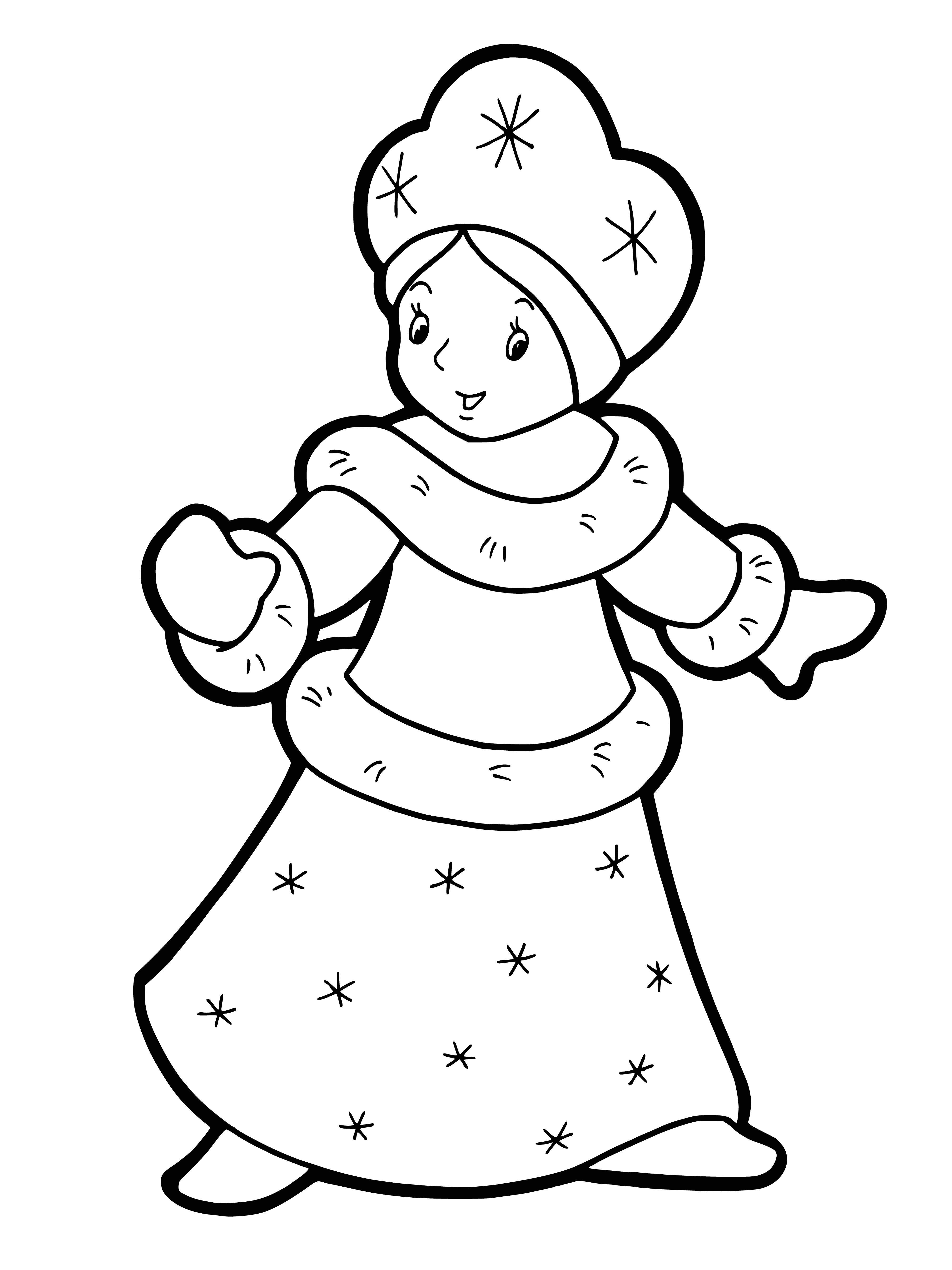 coloring page: Snow Maiden stands in snowy scene, white dress & scarf, long white hair with blue flowers. Arms outstretched in front of large tree.