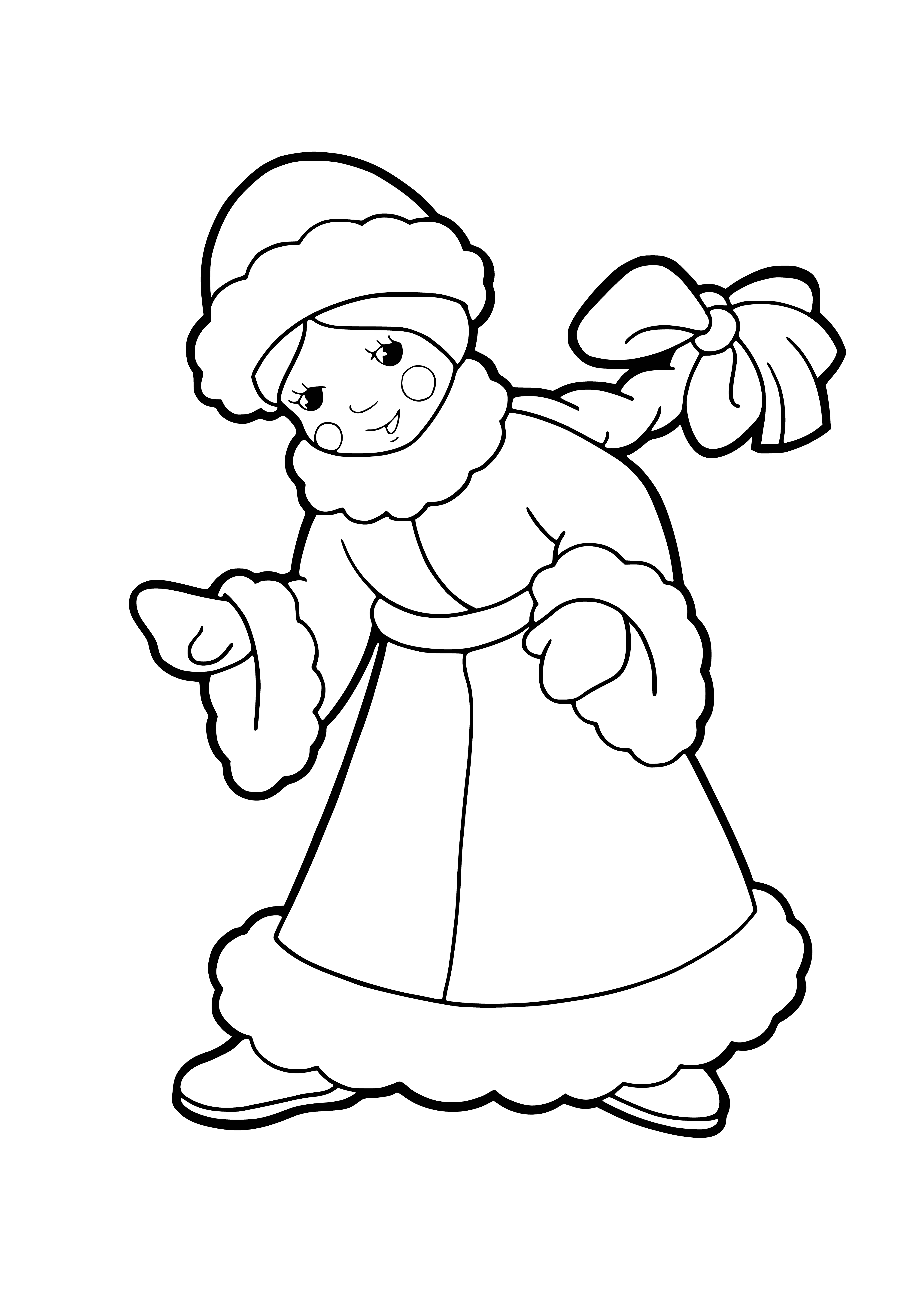 coloring page: Girl in white dress w/ blue belt & shoes. Long white hair & blue eyes. Standing by tree w/ white headband in her hair.