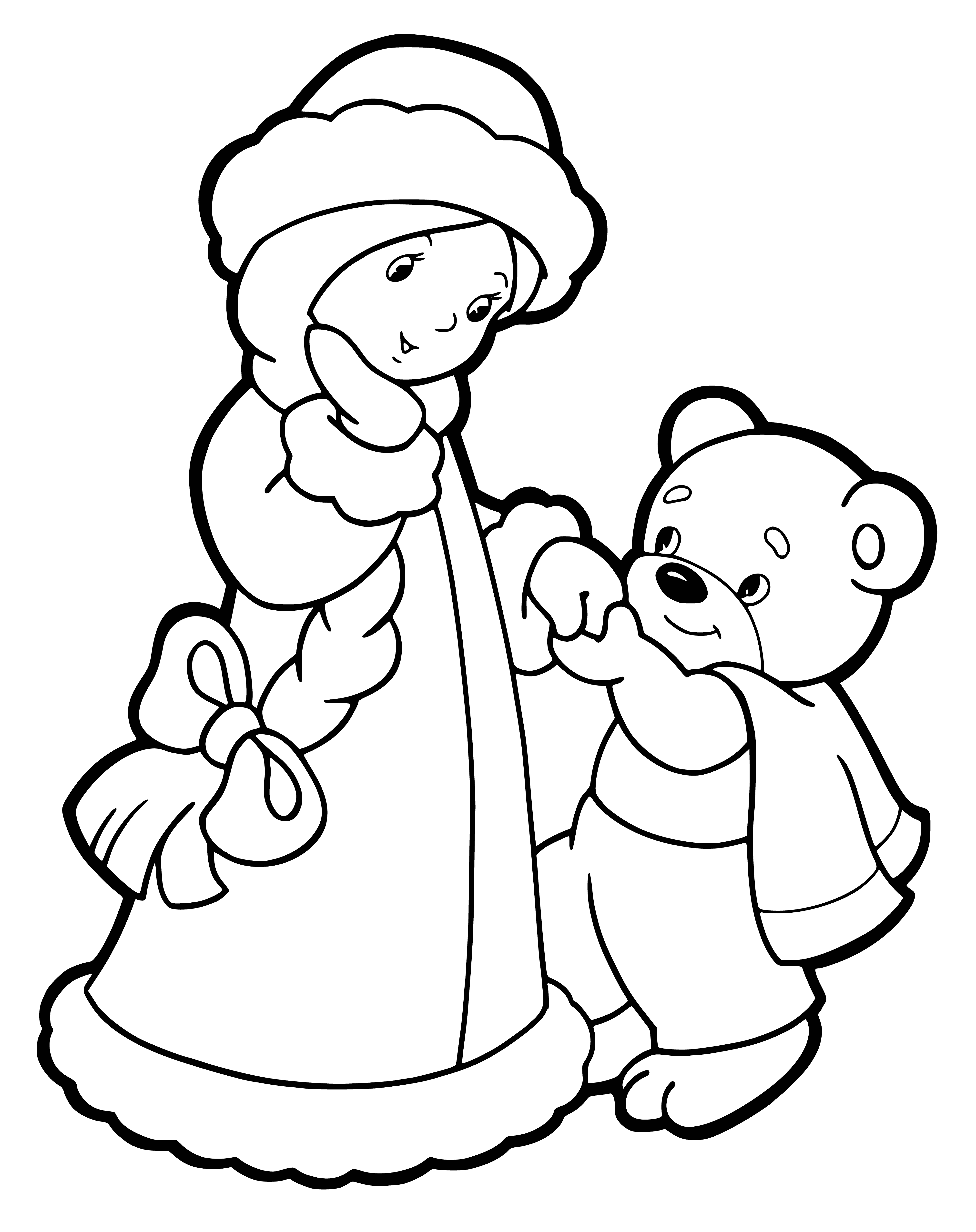 coloring page: Snow Maiden in white dress holding teddy bear; hat w/ red ribbon, bear brown. #coloringpage #snowmaiden #teddybear