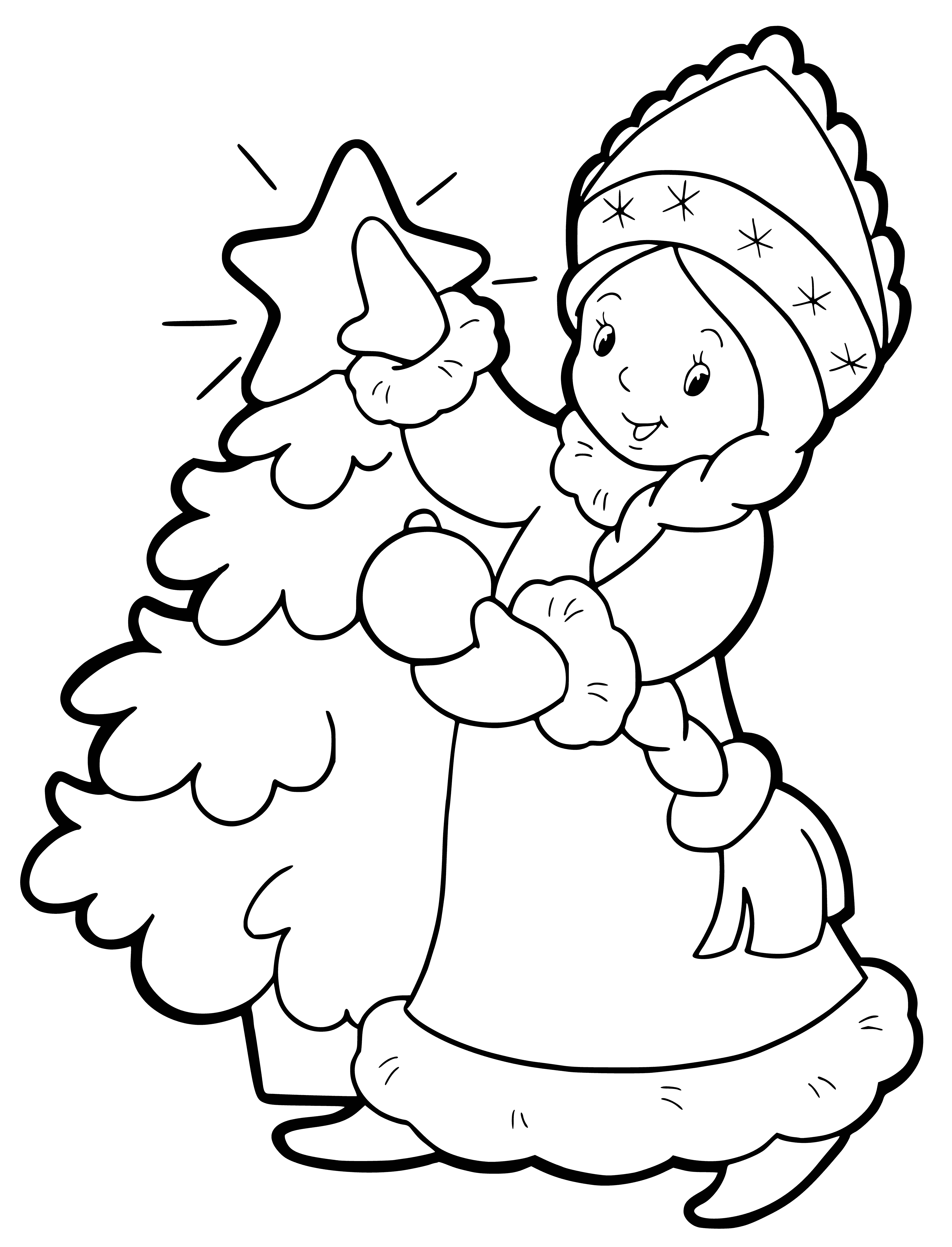 coloring page: Slender maiden with white hair and blue dress stands before a Christmas tree, looking frosty and fragile like the winter sky.