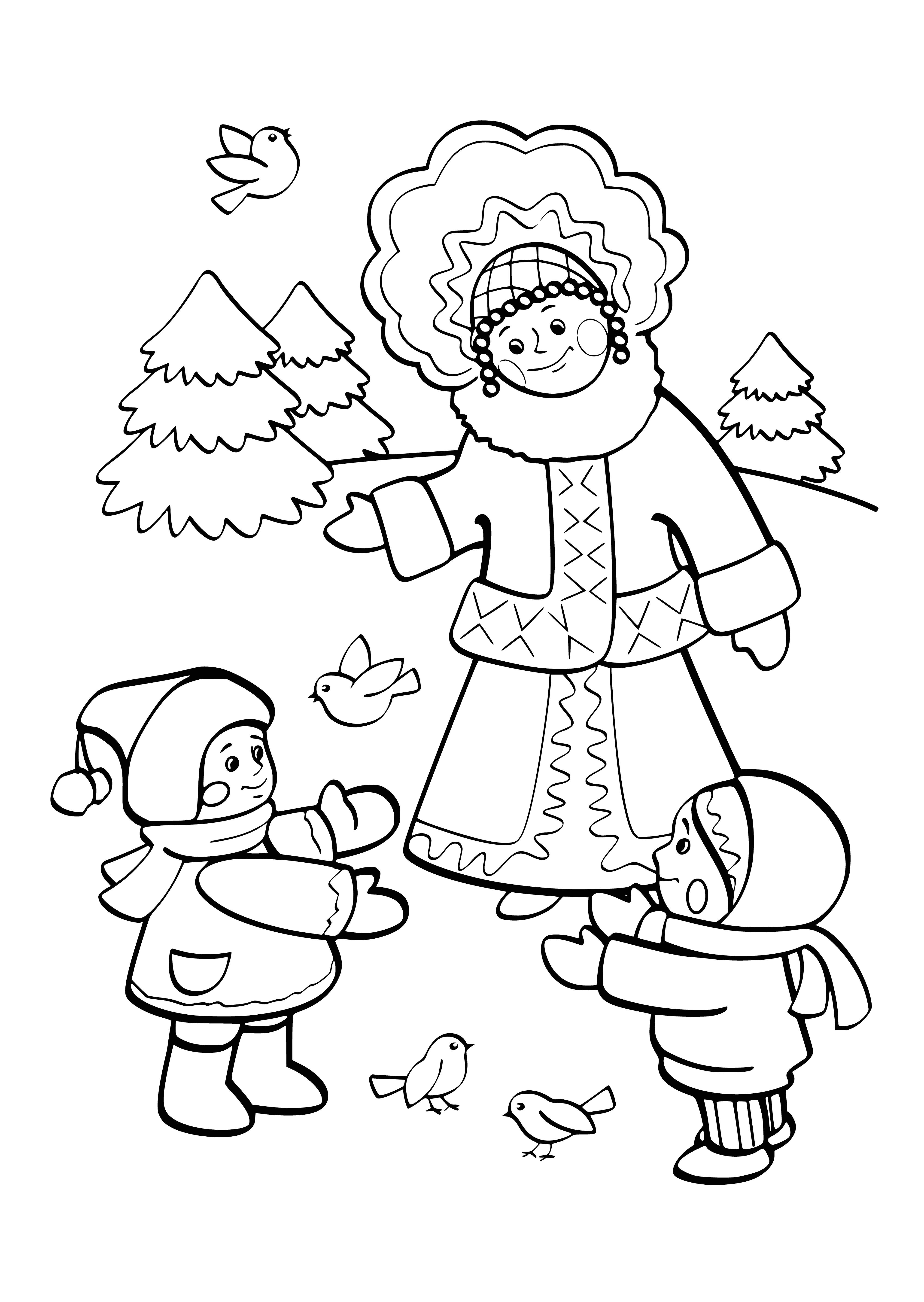 coloring page: Snow Maiden stands in the snow w/kids wearing a white dress & hat. #children #winter
