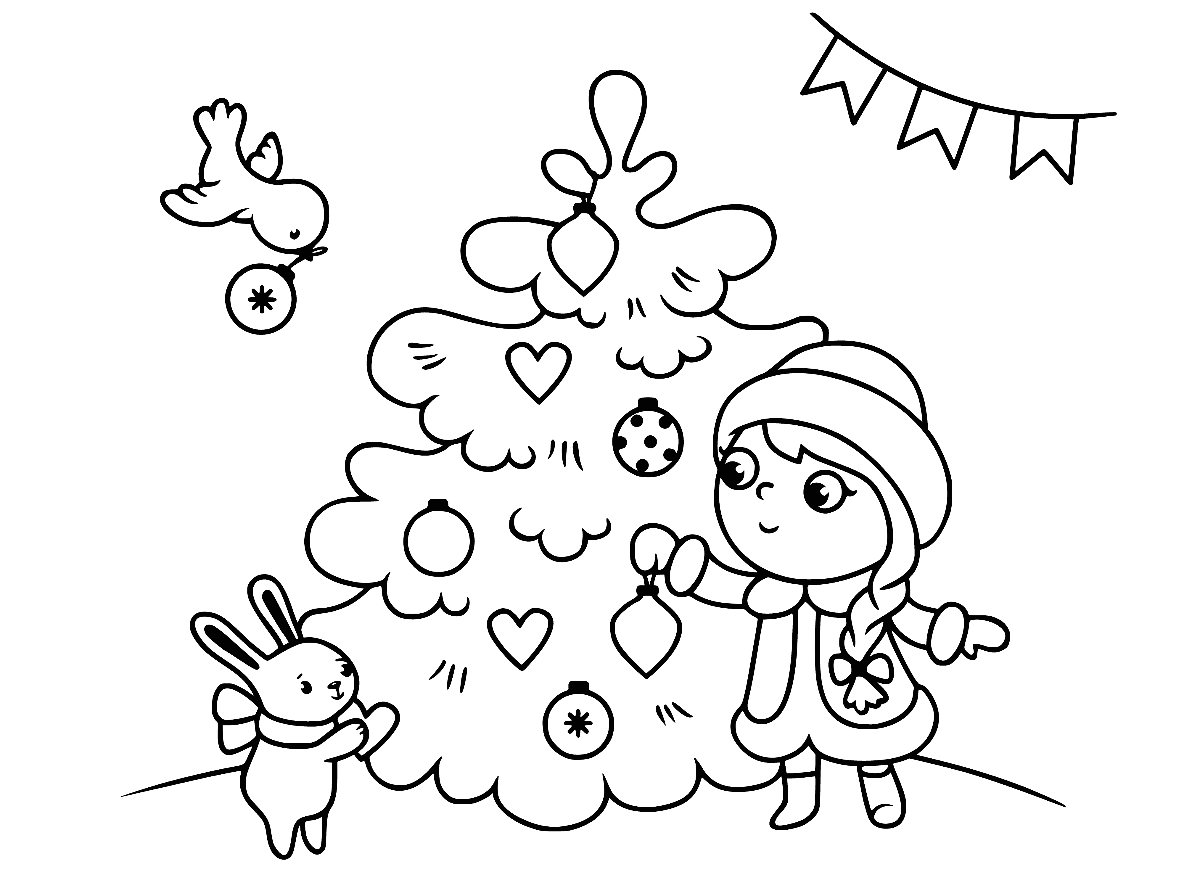 coloring page: Little girl in white dress and blue scarf standing before Christmas tree holding red apple in hand.