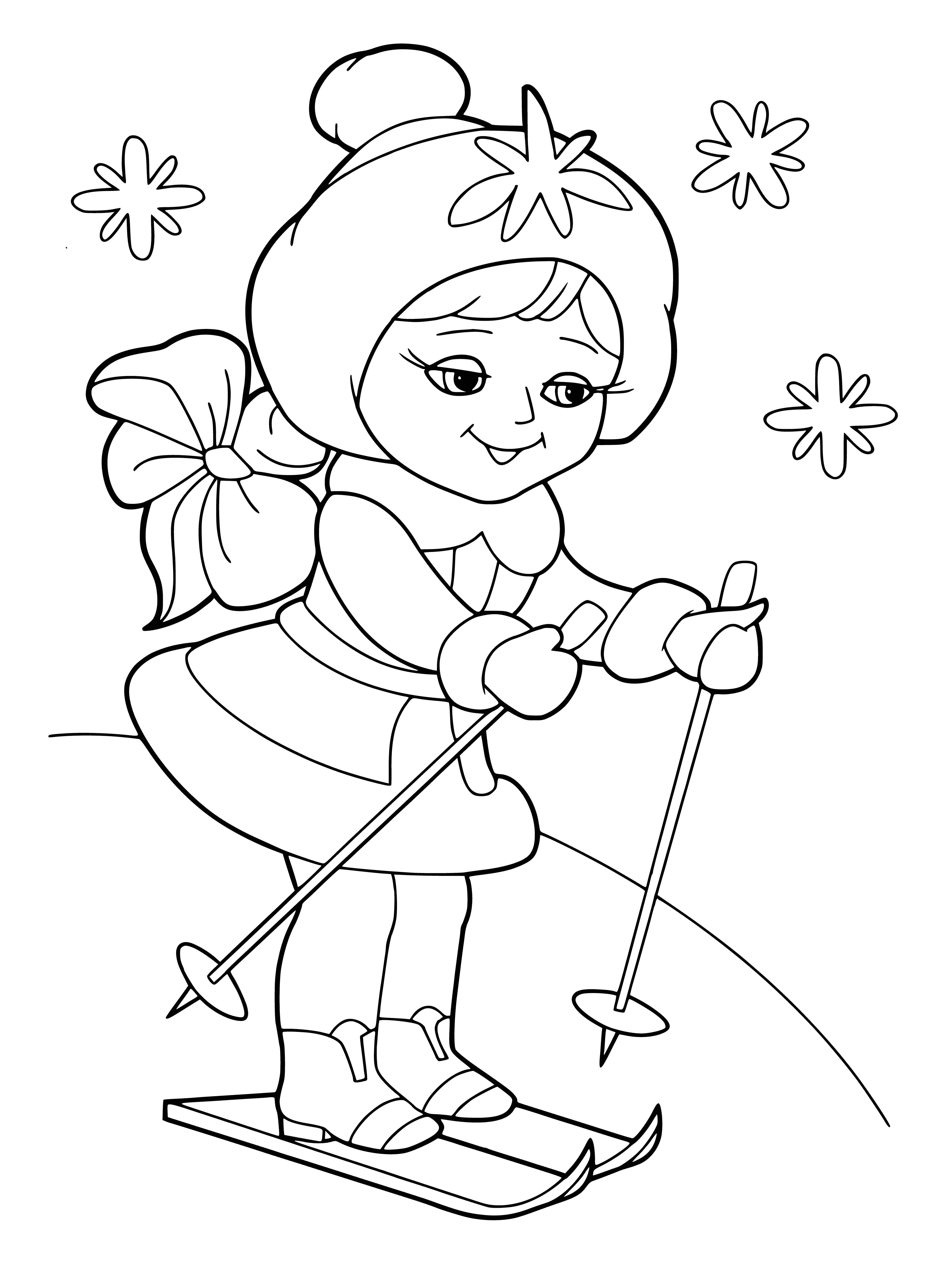 coloring page: Girl in winter gear stands on skis holding poles with blue scarf, jacket, headband & snowflake-decorated white dress.