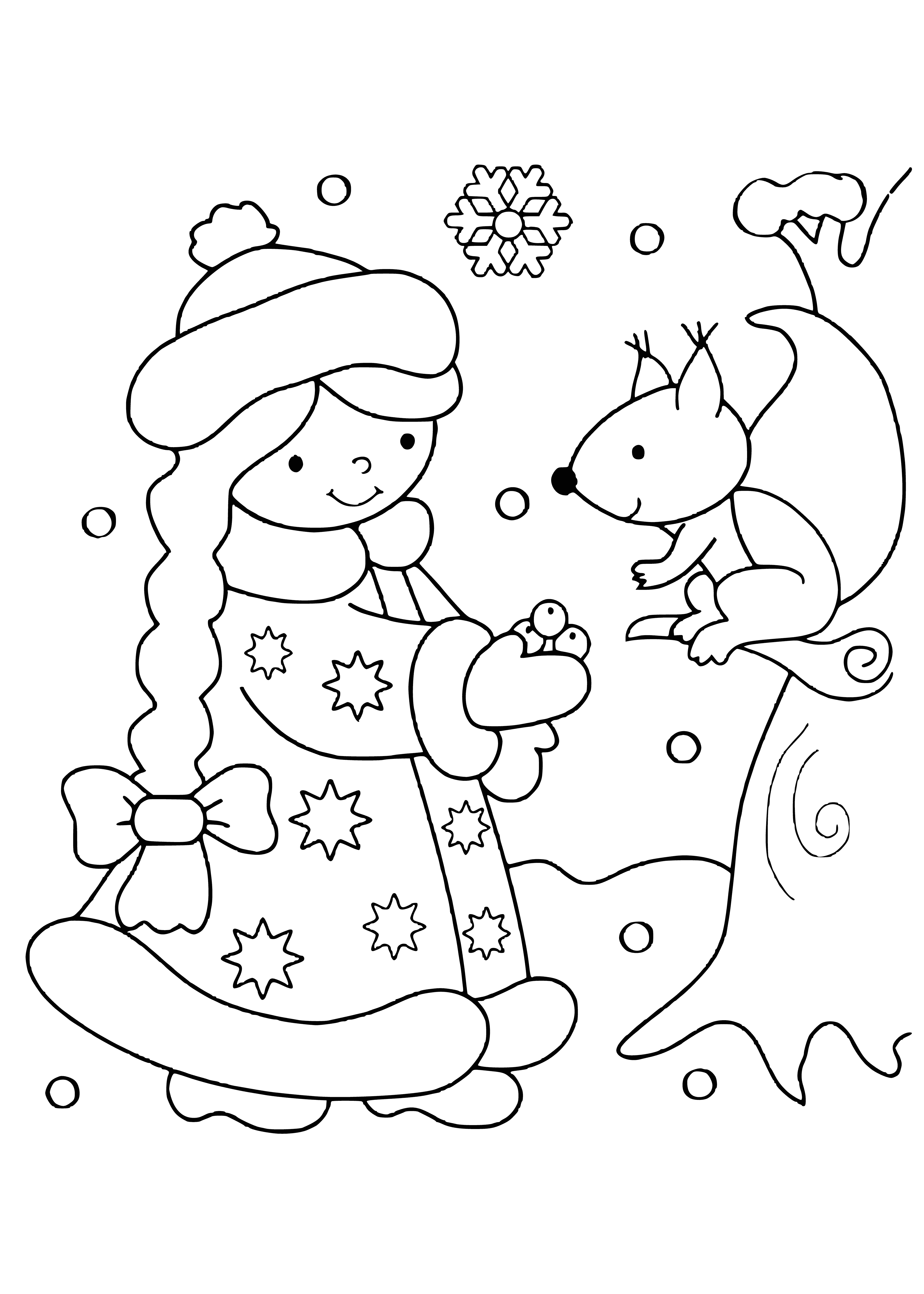 coloring page: Girl in red/white Russian folk dress enjoys winter in forest, catching snowflakes in sheet of fabric with eyes closed and gentle smile.