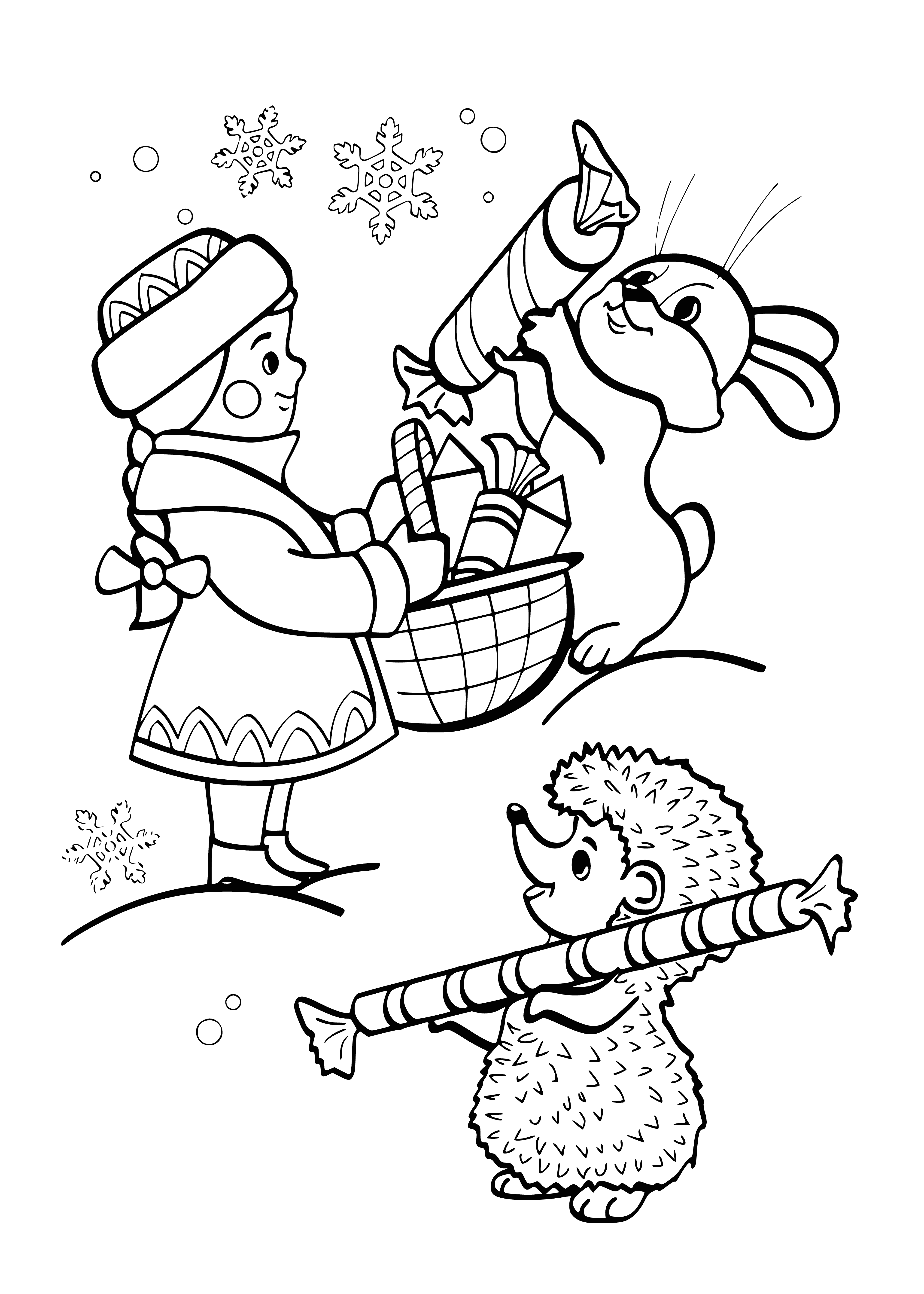 coloring page: Snow Maiden stands in winter forest, wearing white dress, hooded cloak, & scarf; holds sprig of holly. #FairyTale #WinterWonderland