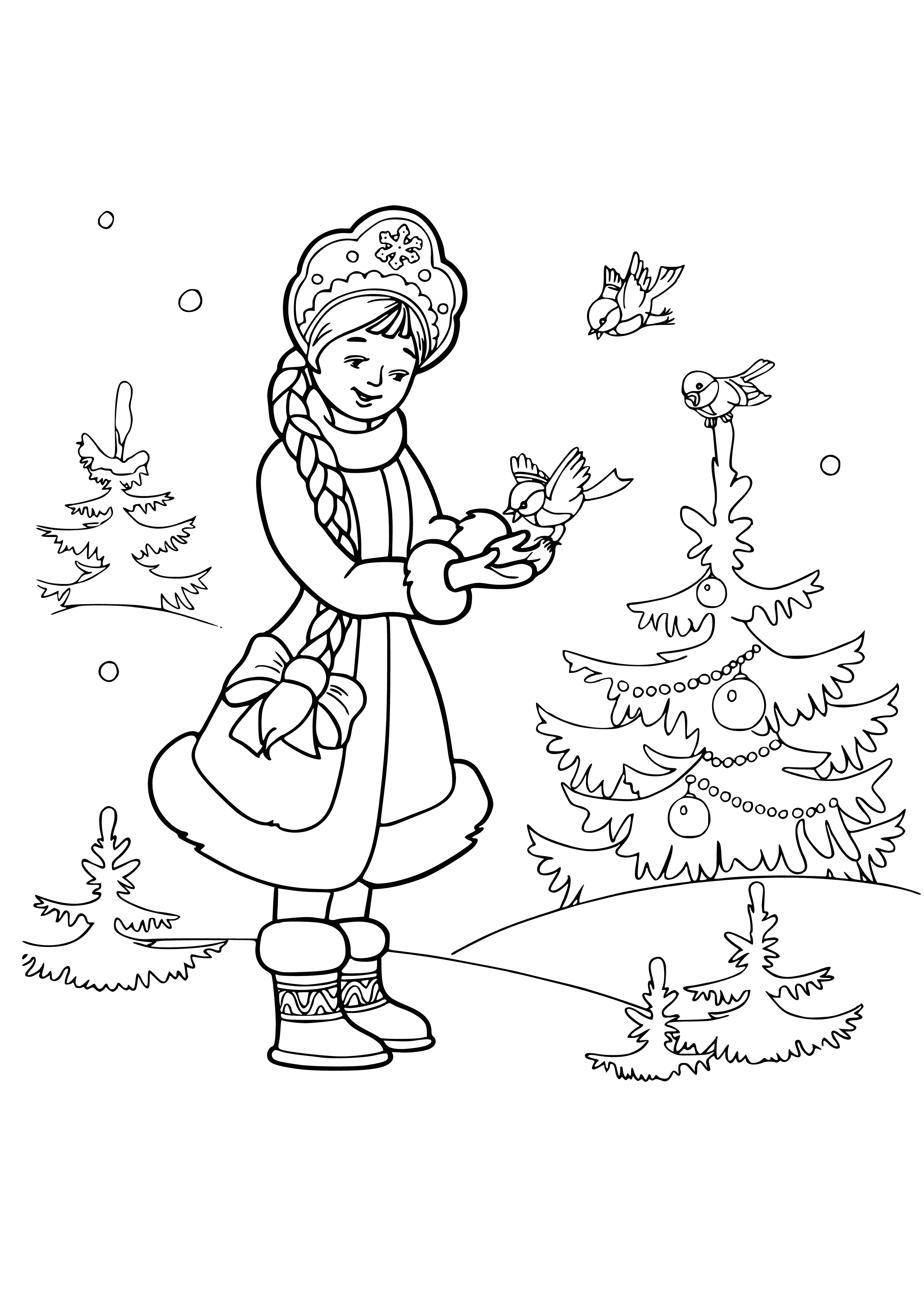 coloring page: A little girl stands in a snowy forest in a white dress & red scarf, holding a basket of berries.