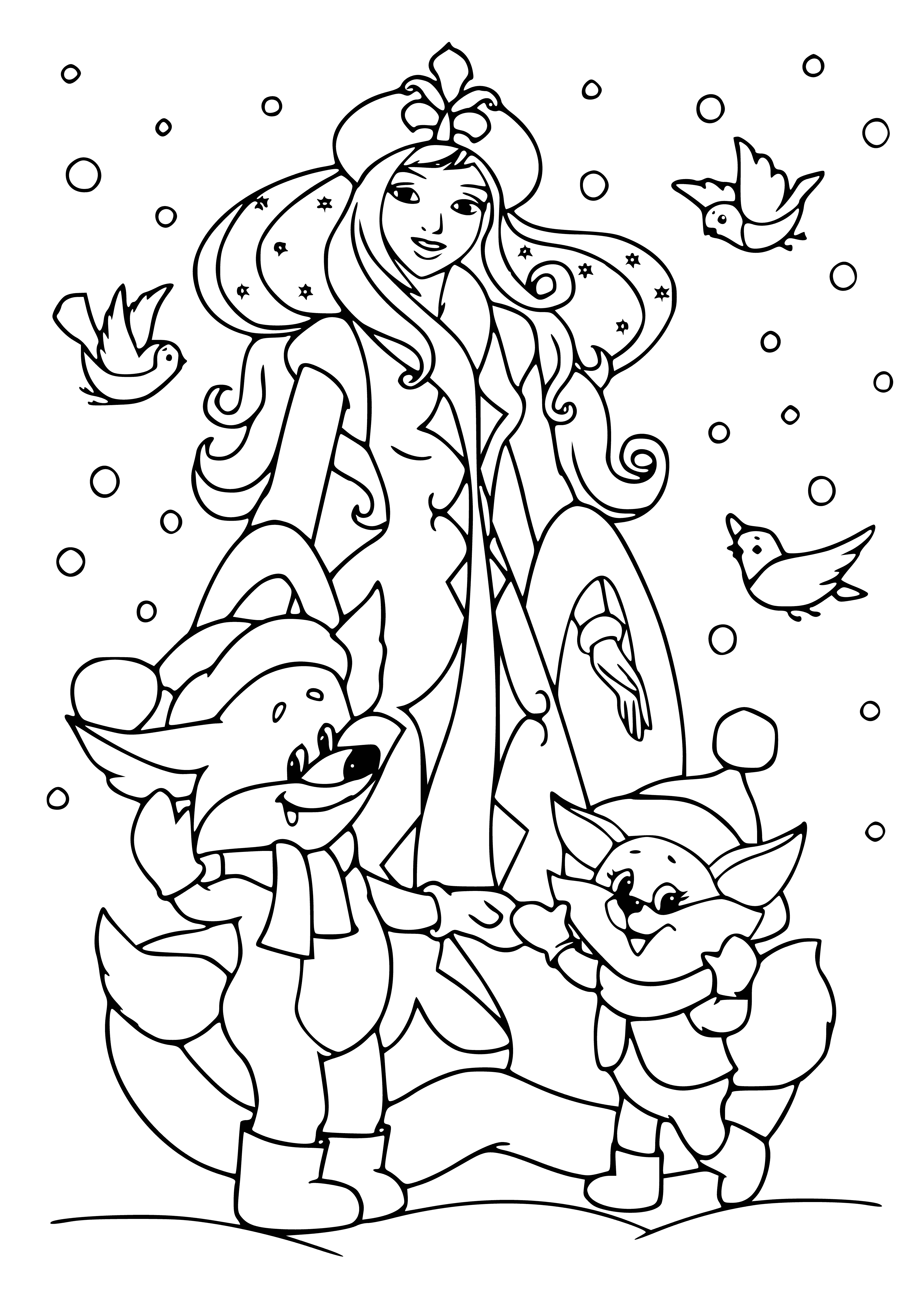 coloring page: Snow Maiden stands in snow with animals; wears white dress, scarf and blue ribbon; holds broom in hand.