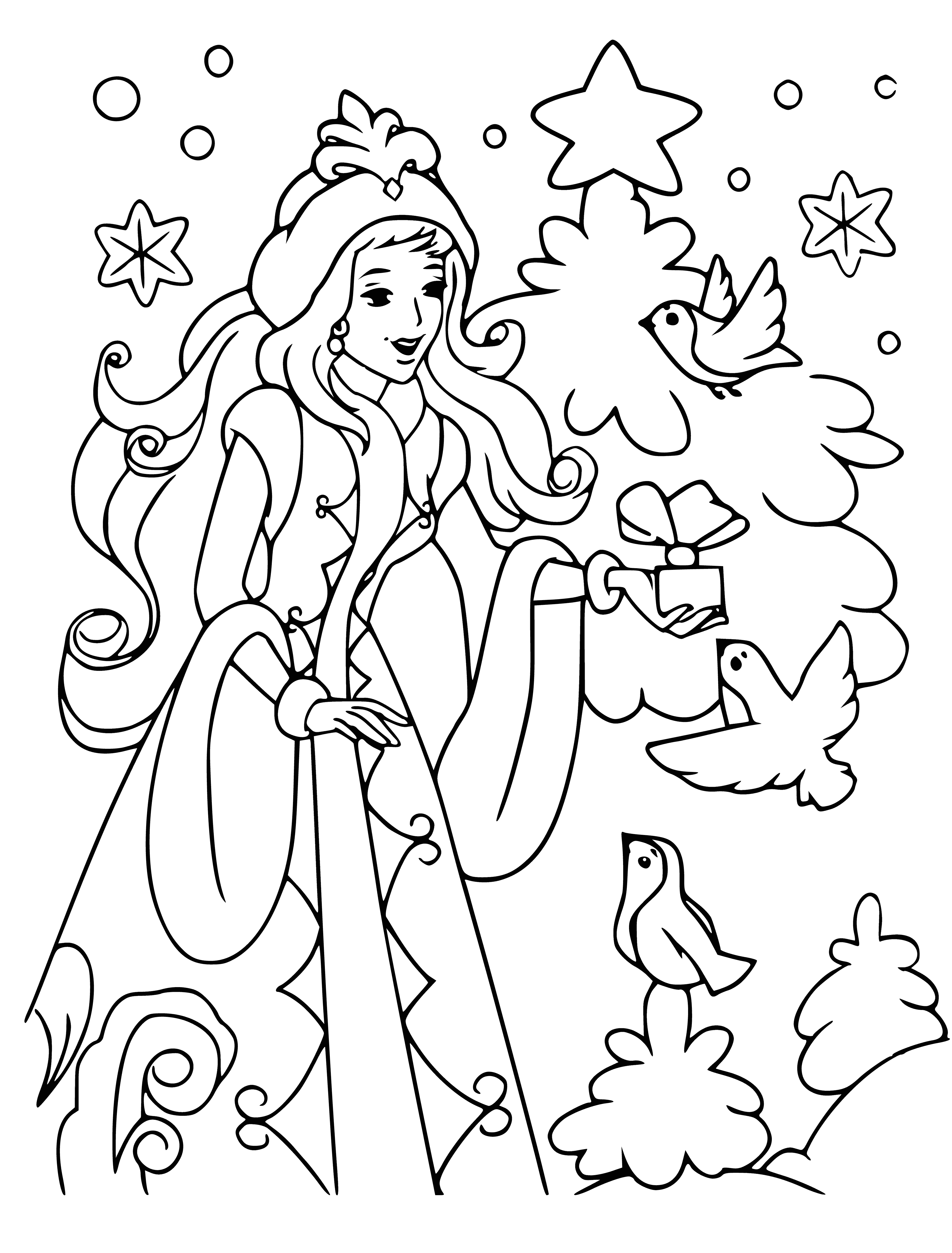 coloring page: Snow Maiden stands in a winter wonderland, smiling & holding a white bird, w/ snowflakes falling. Her head is adorned w/ silver leaves wreath & she wears a long blue dress, white fur coat, & red scarf.