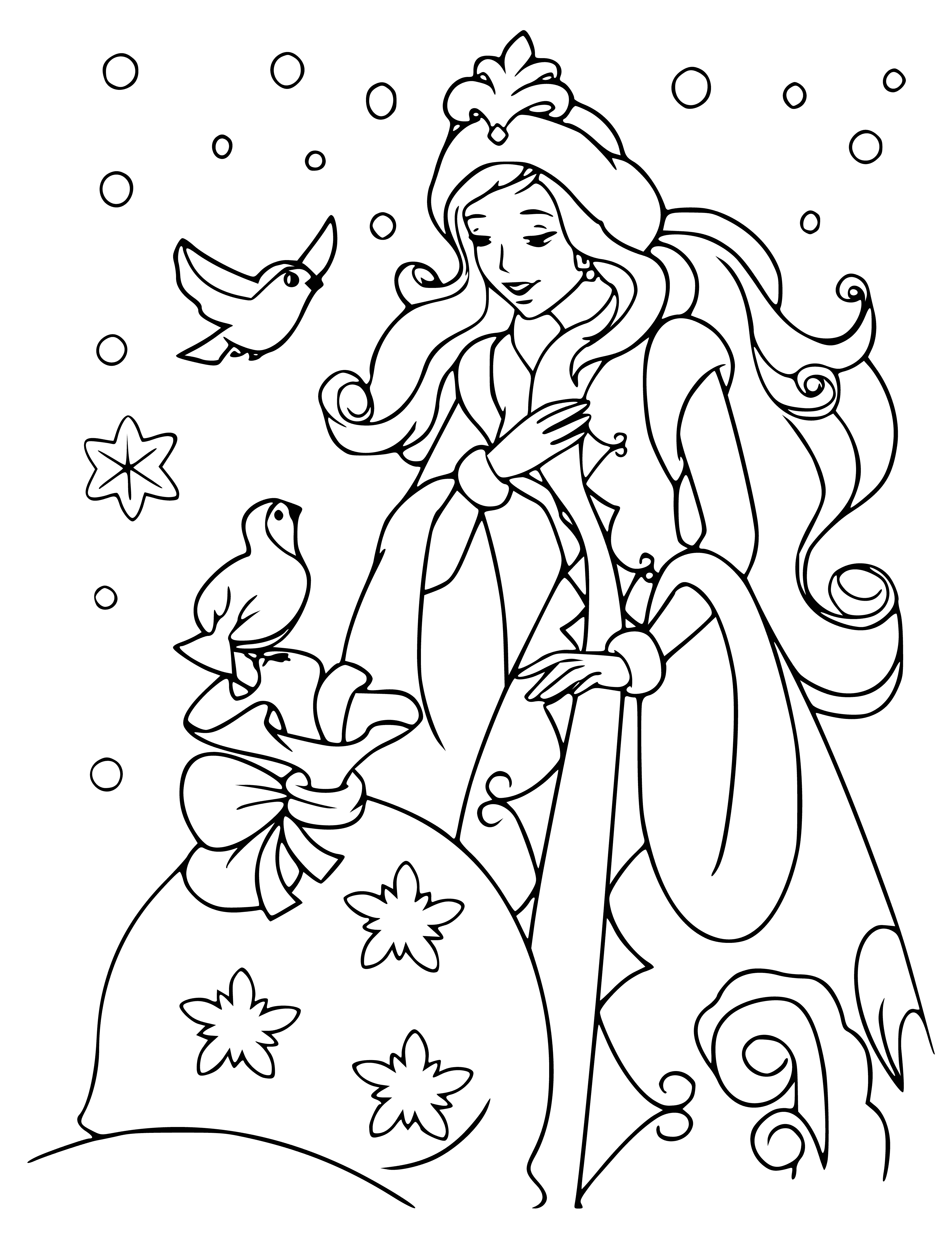 coloring page: Girl in white dress and fur-trimmed cape holds string of lights and gifts in the snow.
