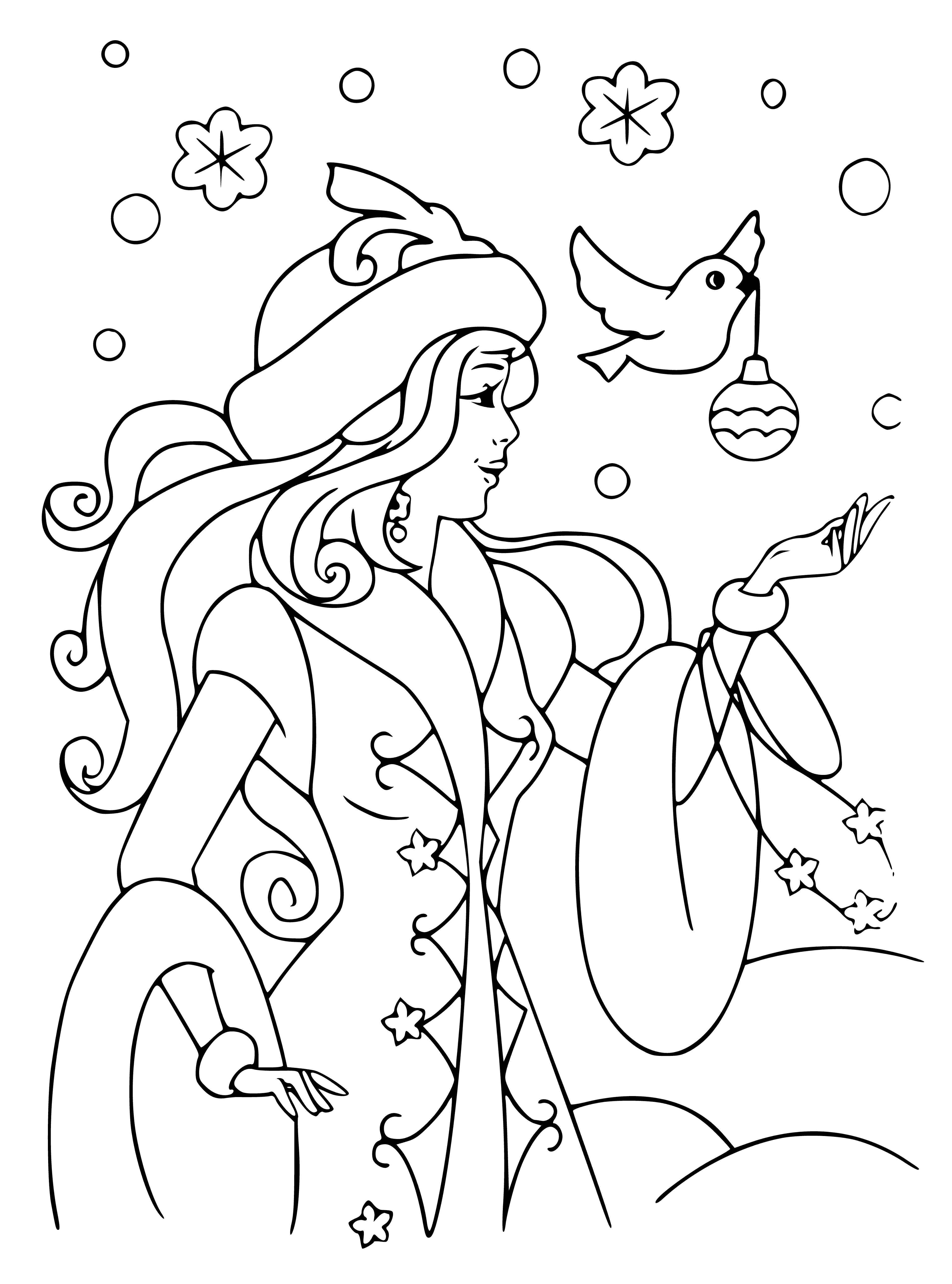 coloring page: Beautiful maiden of snow with delicate face & icy blue eyes. Wearing dress of pure white, a wreath of snowflowers in her hair with serene expression. Knows a great secret.