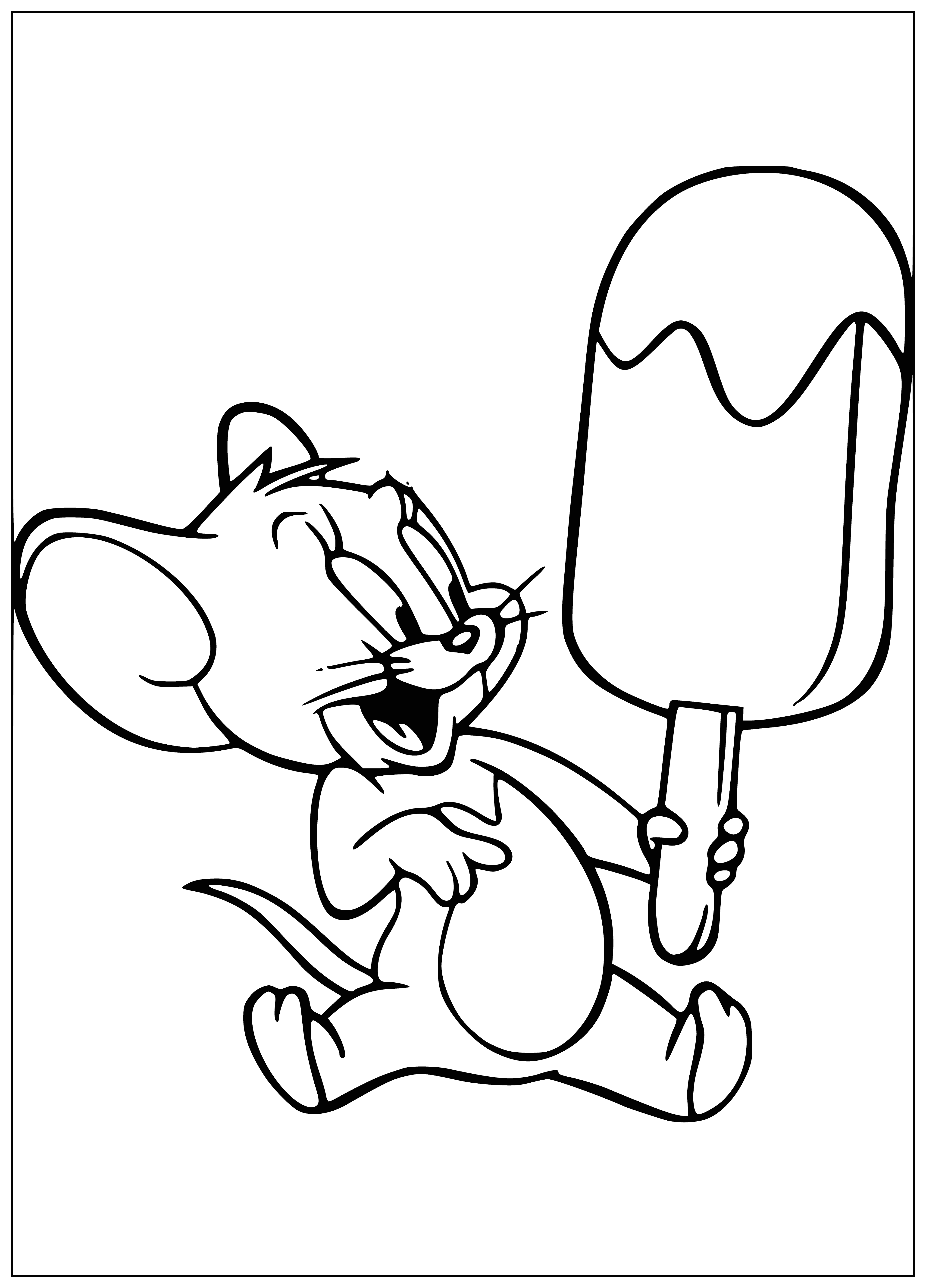 coloring page: Tomcat and JerryMouse are silhouetted in the middle of the frame, with Tom in the foreground hunched over while Jerry is running away in the background. Tom’s mouth is open as Jerry has his arms up, running swiftly away. A melting popsicle lies in a puddle on the ground behind them.