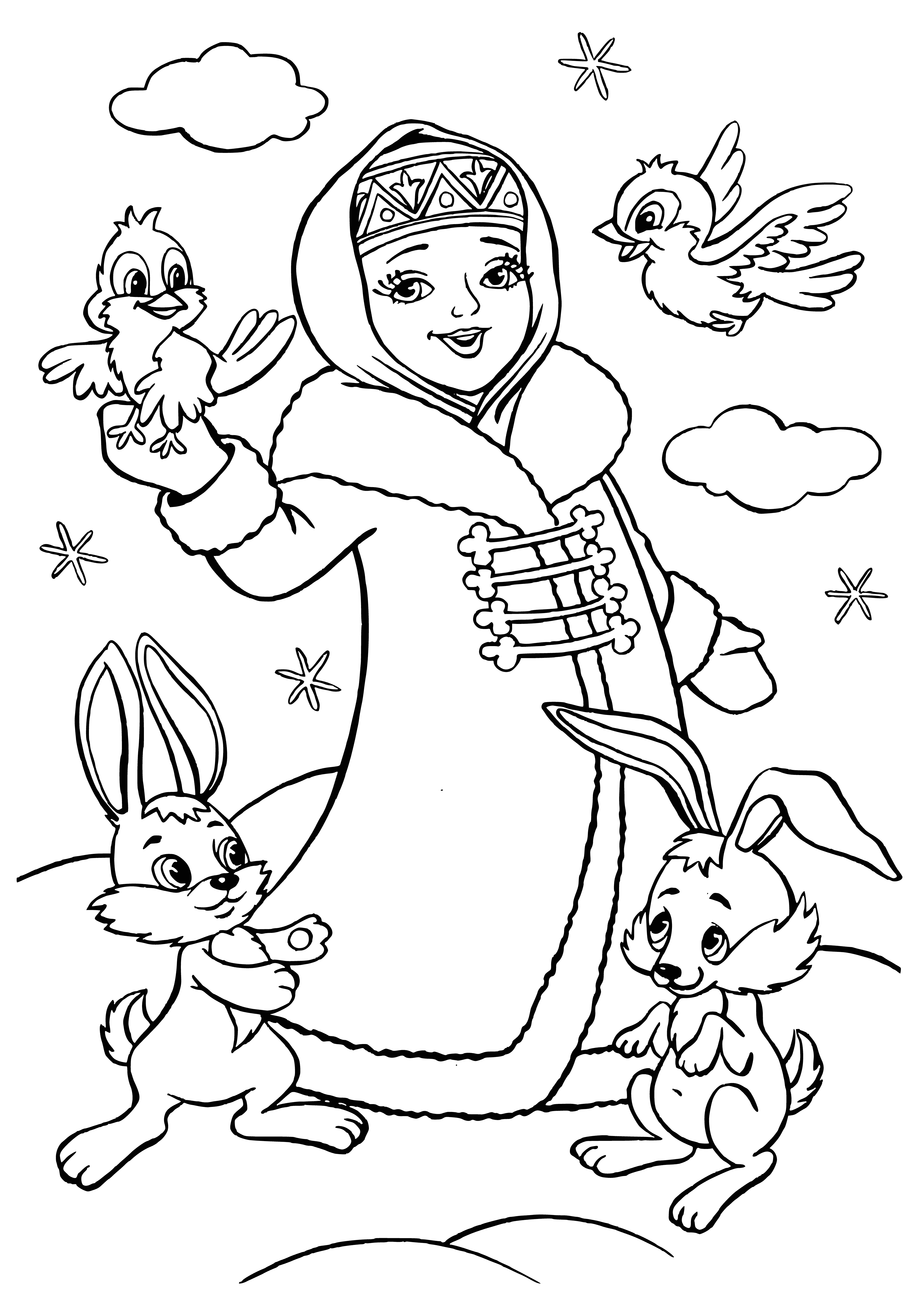 coloring page: Snow Maiden in center of coloring page, 2 hares beside her. White dress, long white hair, snowflakes falling.