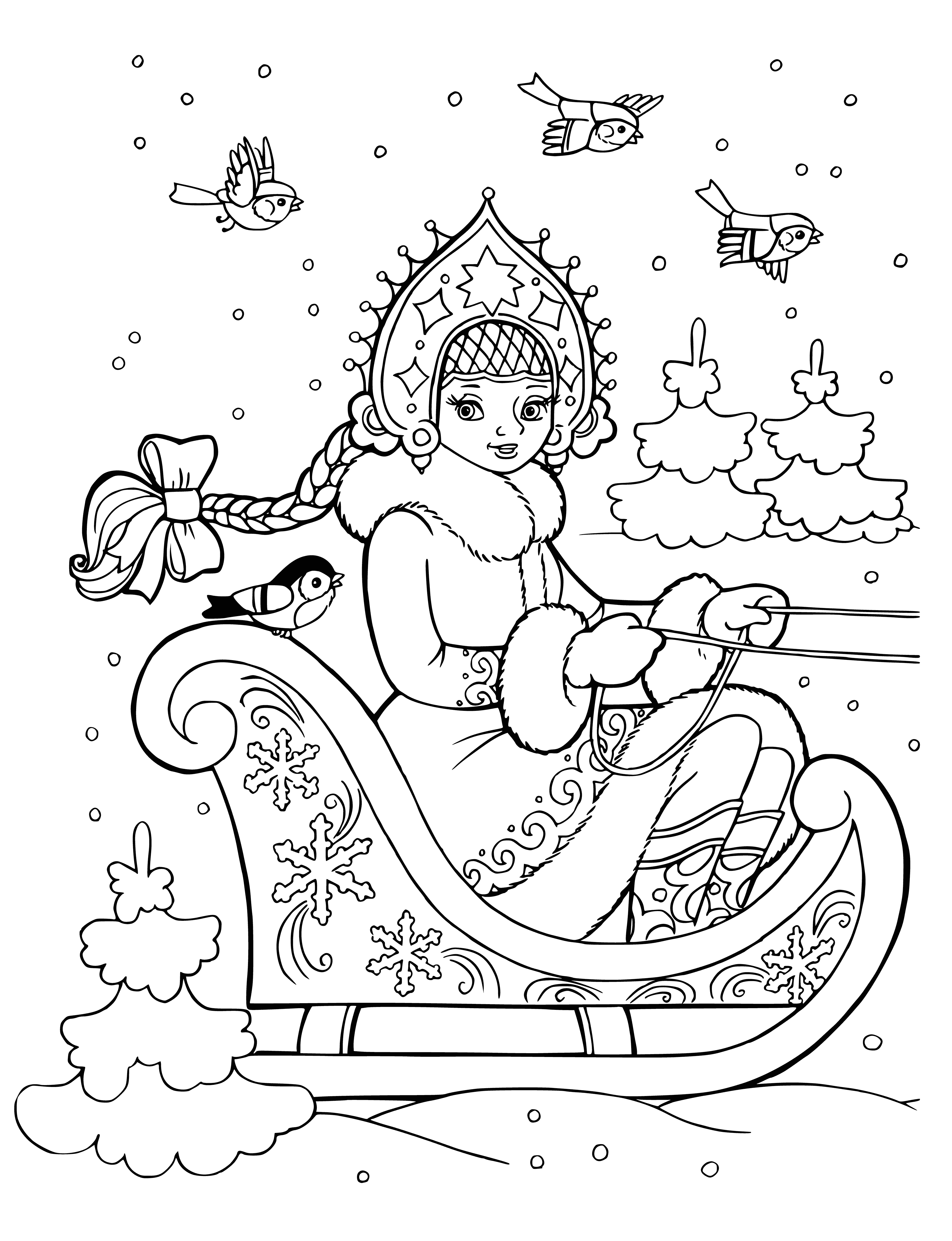 coloring page: Snow Maiden sitting in a sleigh pulled by a reindeer wearing a white scarf, hat & dress, looking at the camera with a smile.