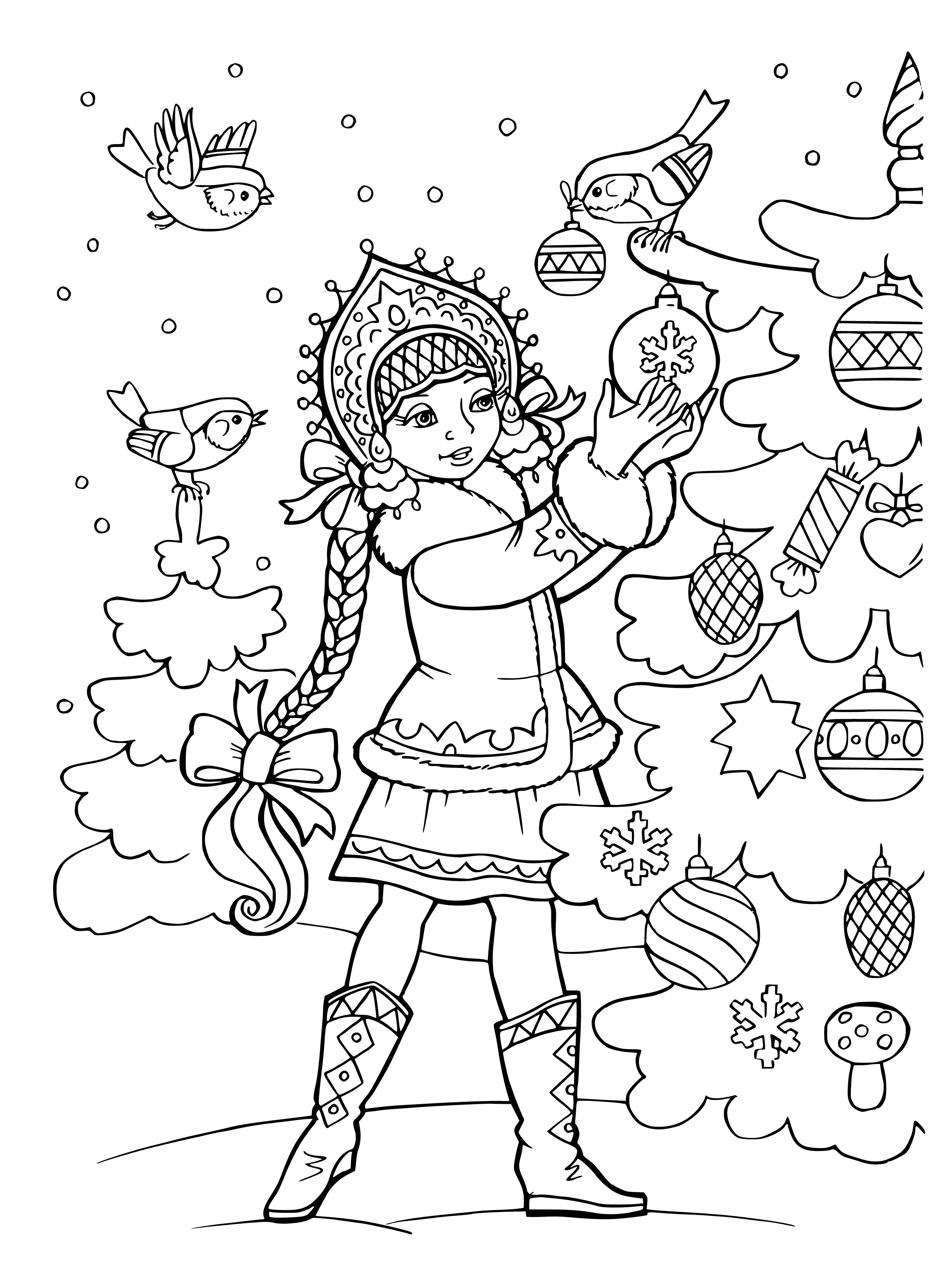 coloring page: The Snow Maiden has white hair, blue scarf, white dress and a star in her hand. She is near a Christmas tree.