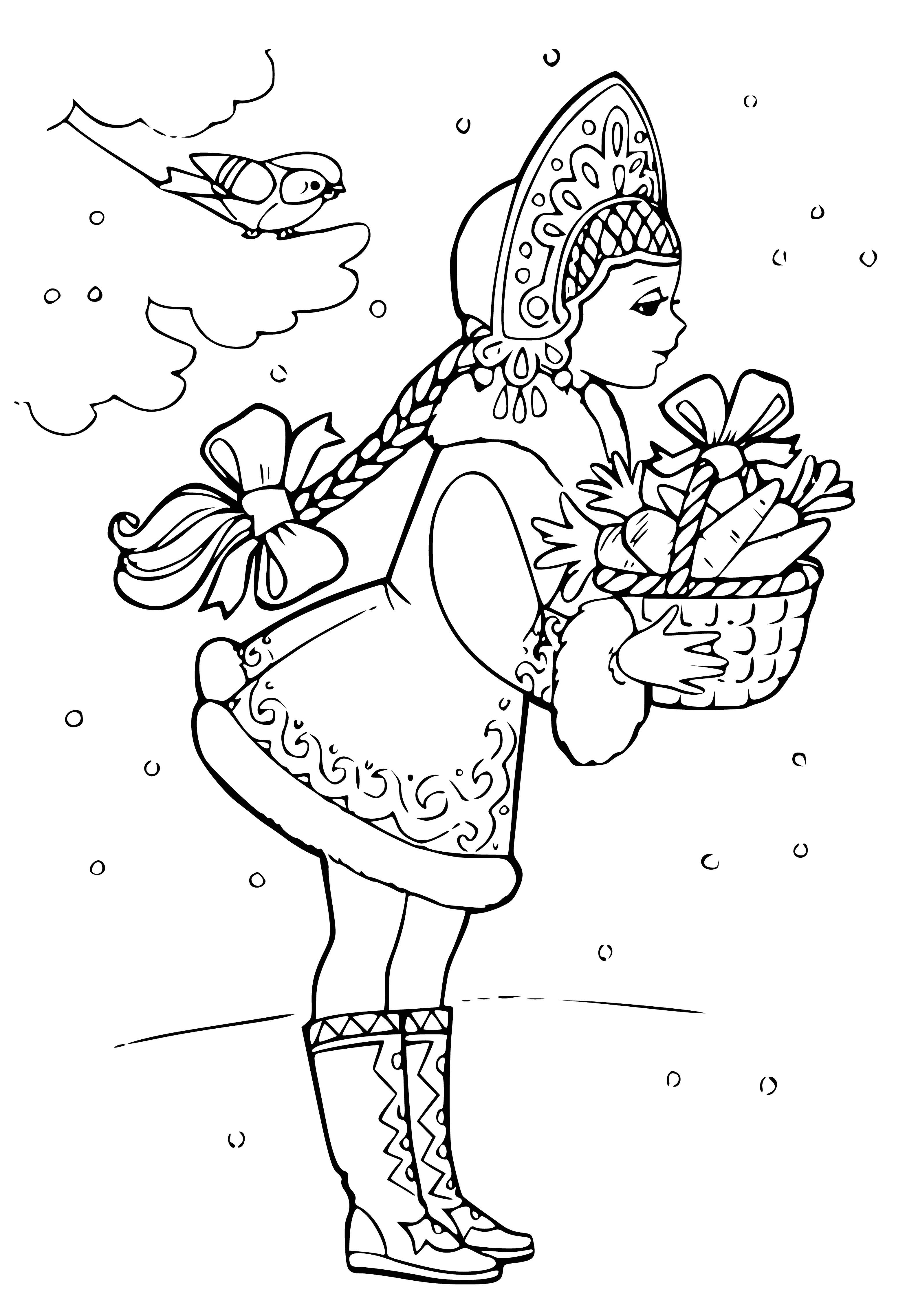 Girl stands in snow with a scarf, dress & basket.  #wintervibes
