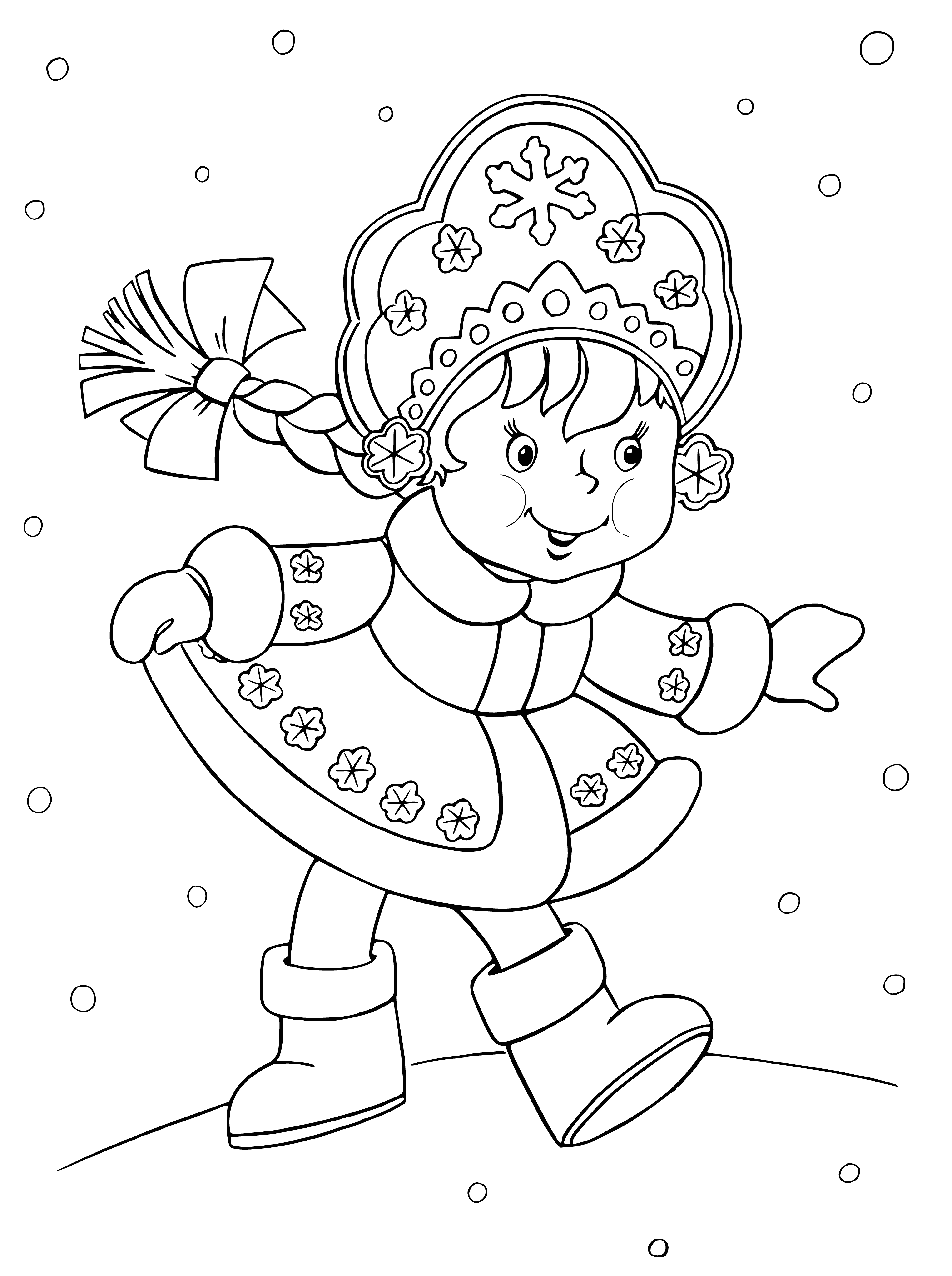 coloring page: A young girl smiles as she looks up at the snow-filled sky wearing a white dress and scarf. #winter