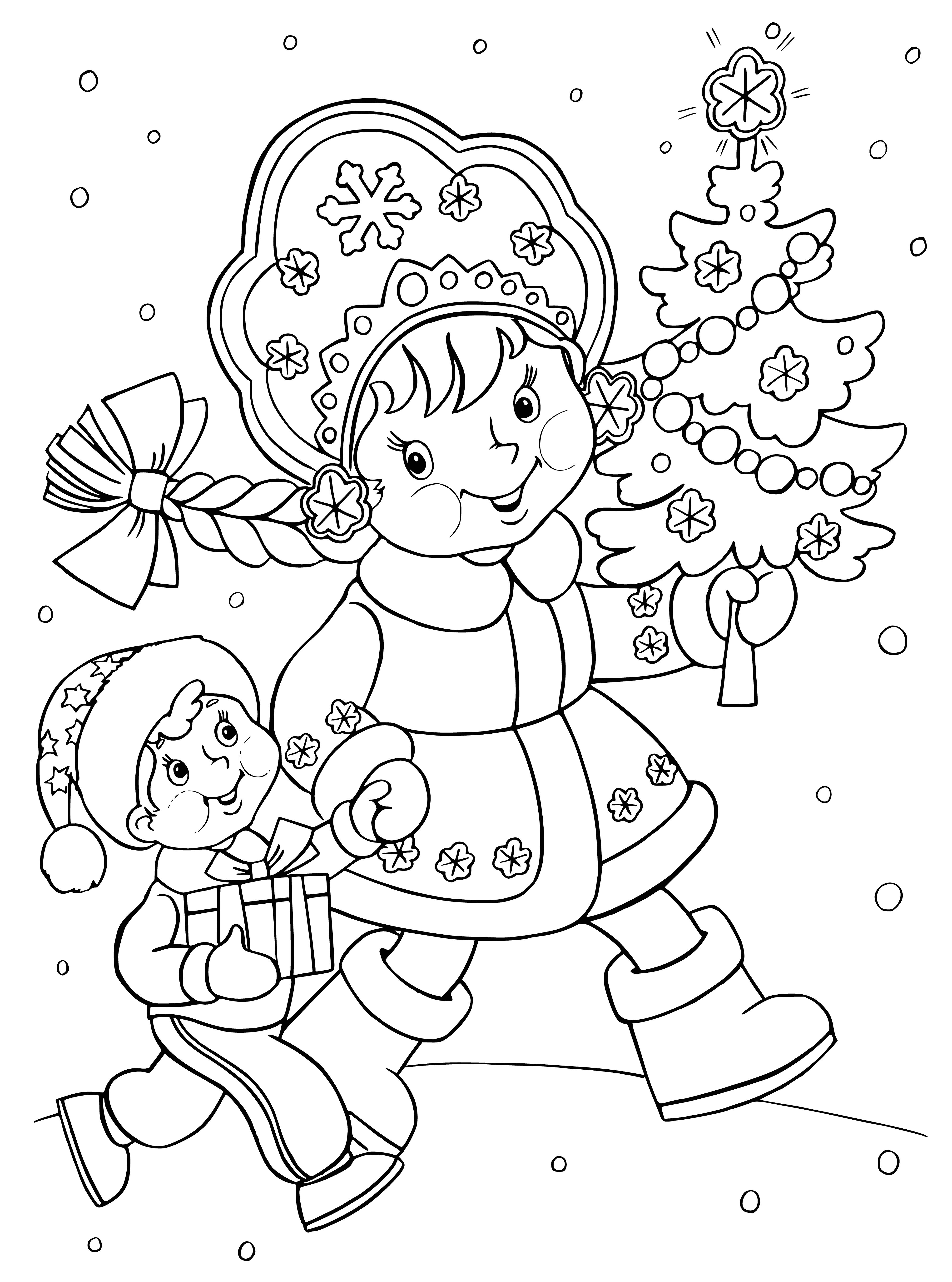 Snow Maiden holds gifts and decorates a tree - a beautiful coloring page w/ white dress, blue sash/scarf, fur cape, holly, ornaments, lights, star.