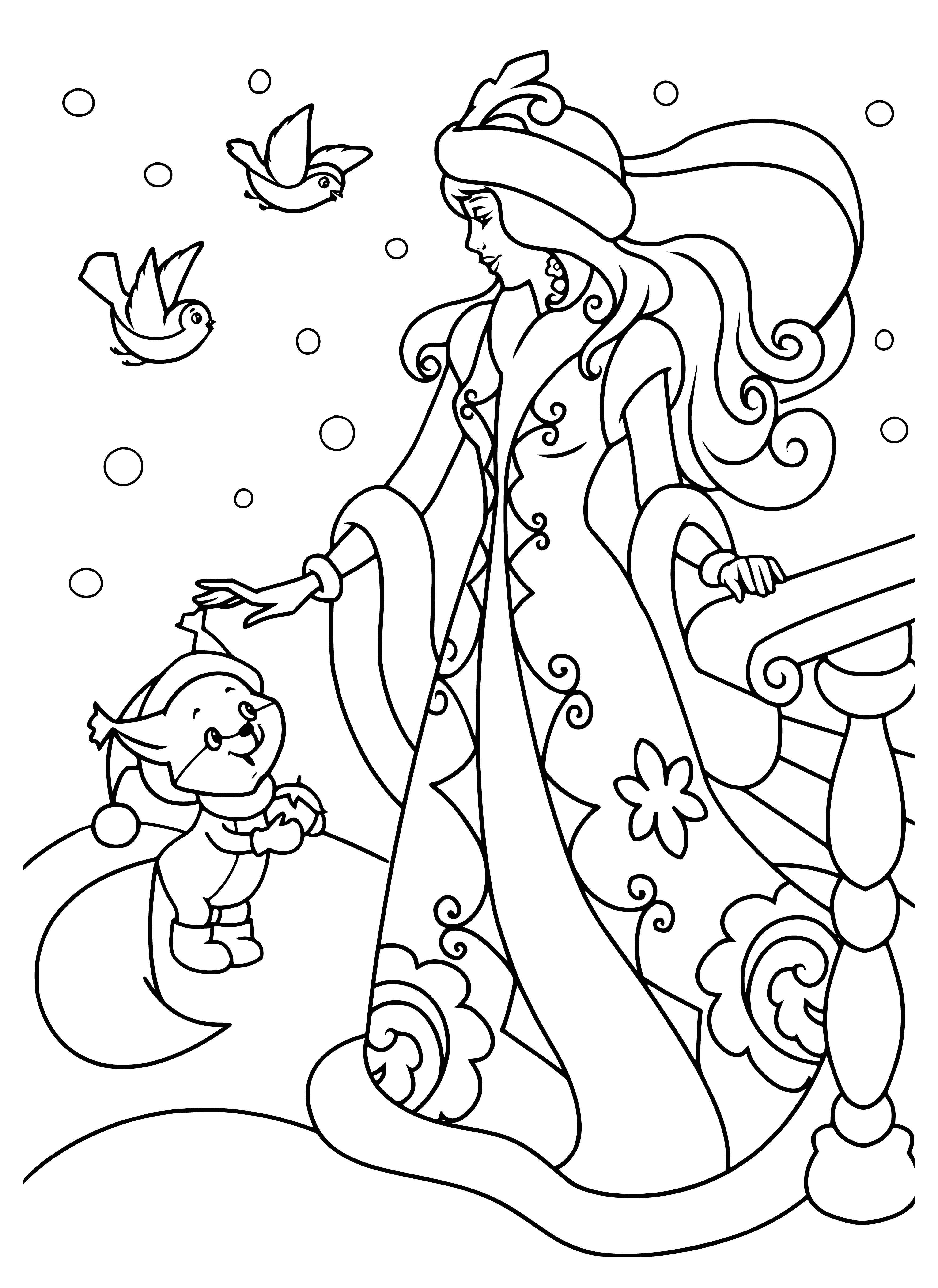 coloring page: Snow Maiden stands in snow w/ blue sky, white coat & scarf, black hair, brown eyes.