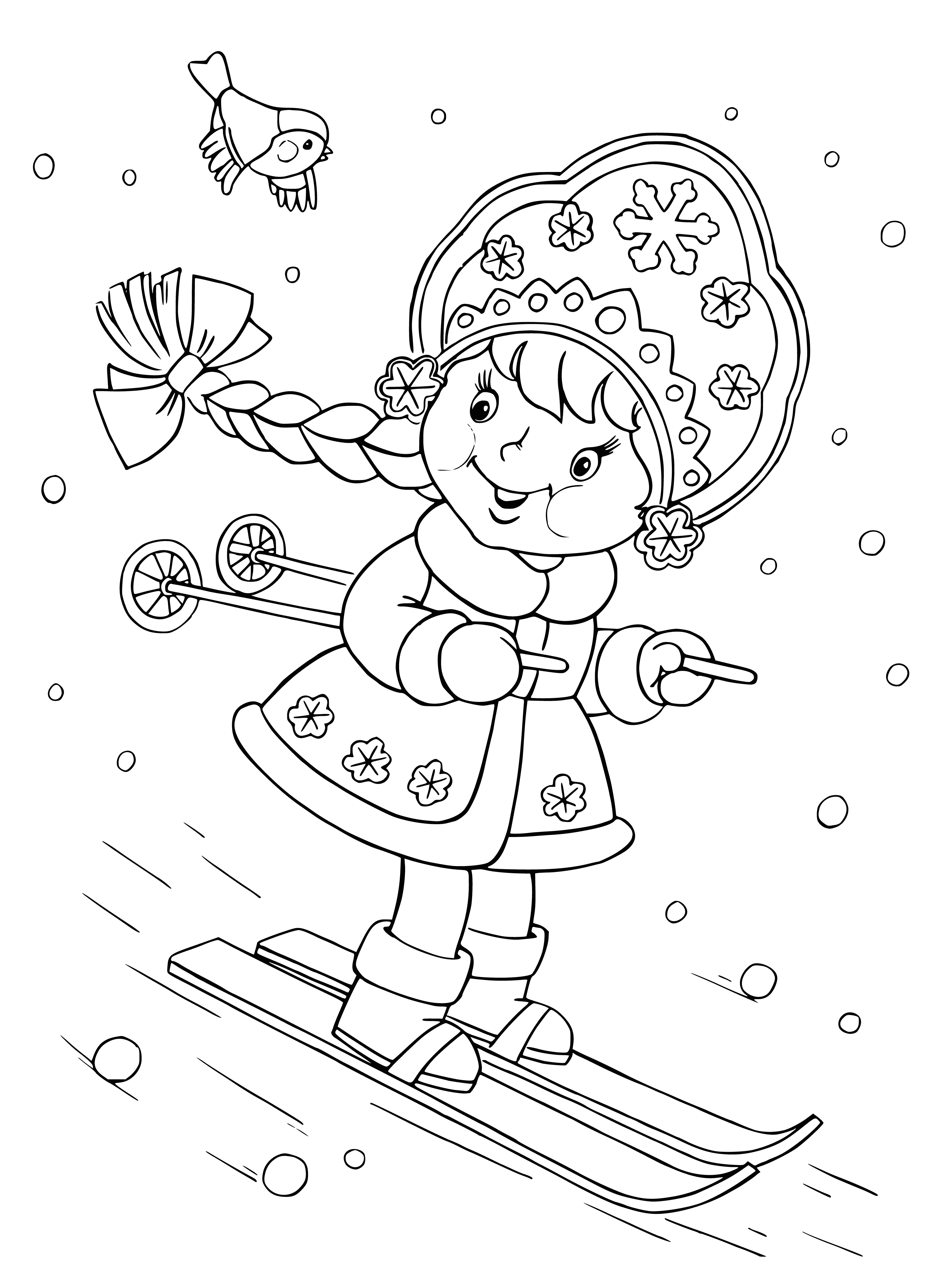 coloring page: Russian woman skier wearing traditional costume and red scarf, holding wooden staff and skiing on birch bark skis.