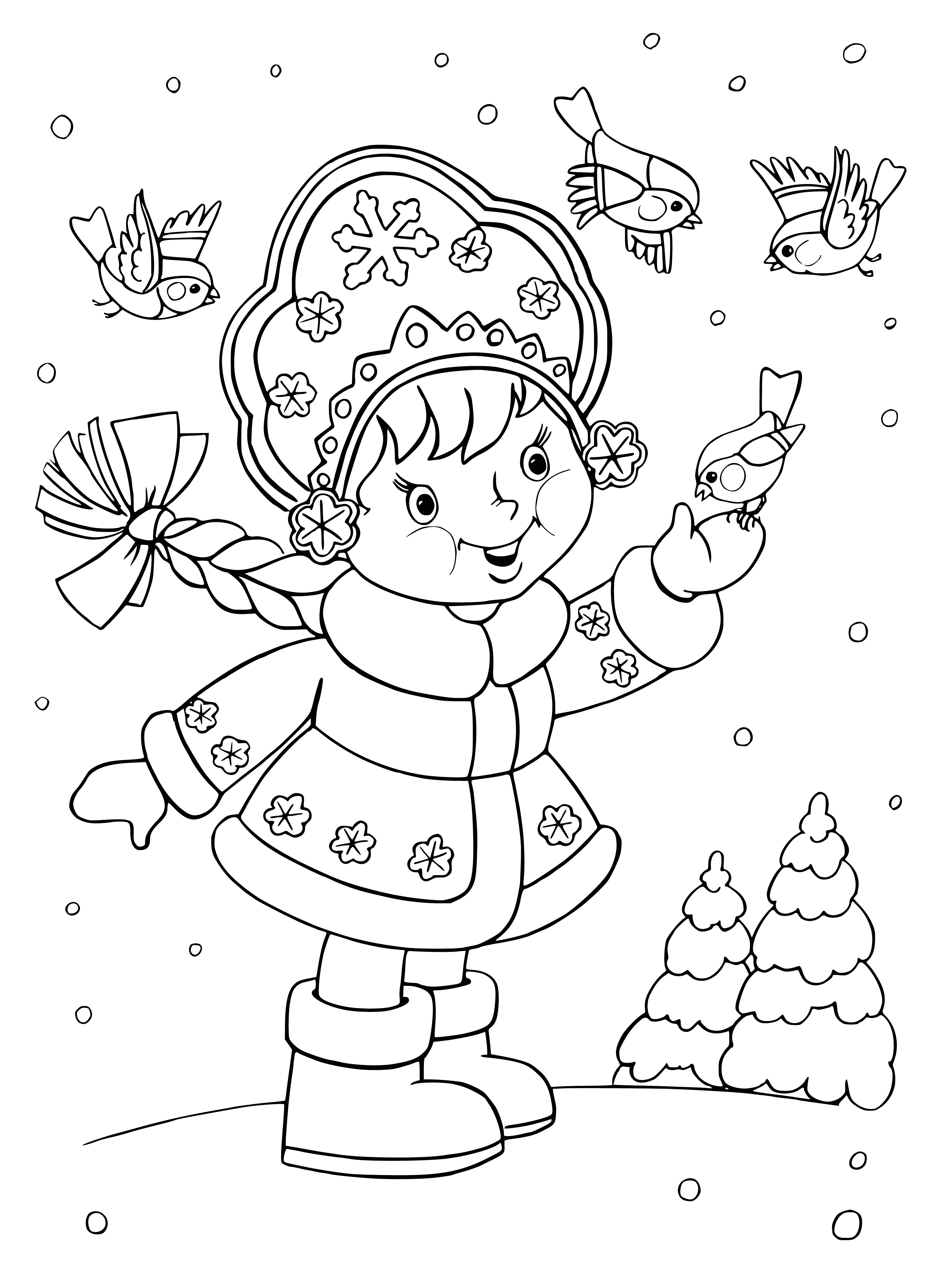 coloring page: Girl of snow made with white skin, blue eyes, ice hair, white dress and cape; a white heart beats in her chest.