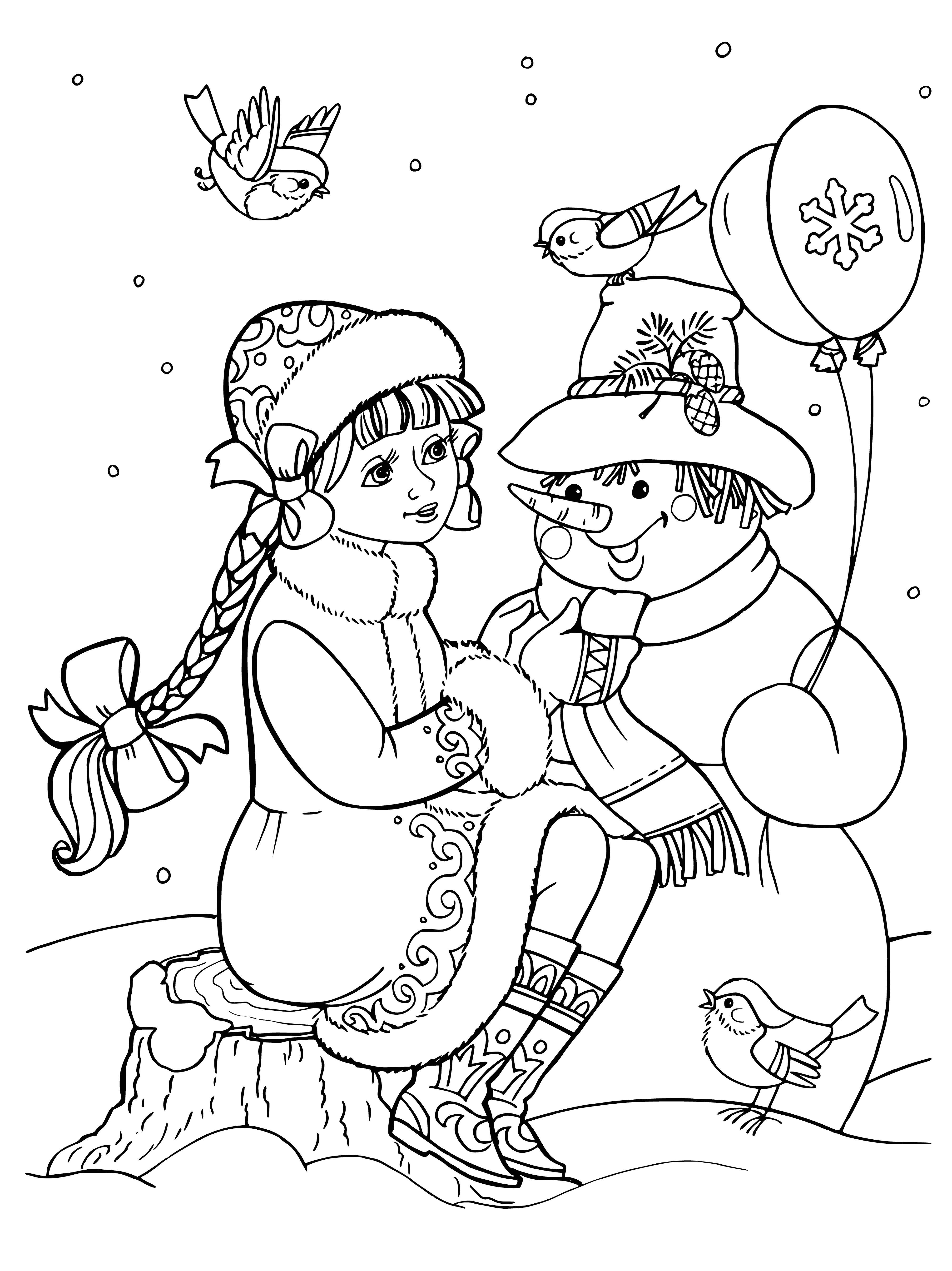 Girl decorates snowman with black scarf, hat & broom in coloring page.