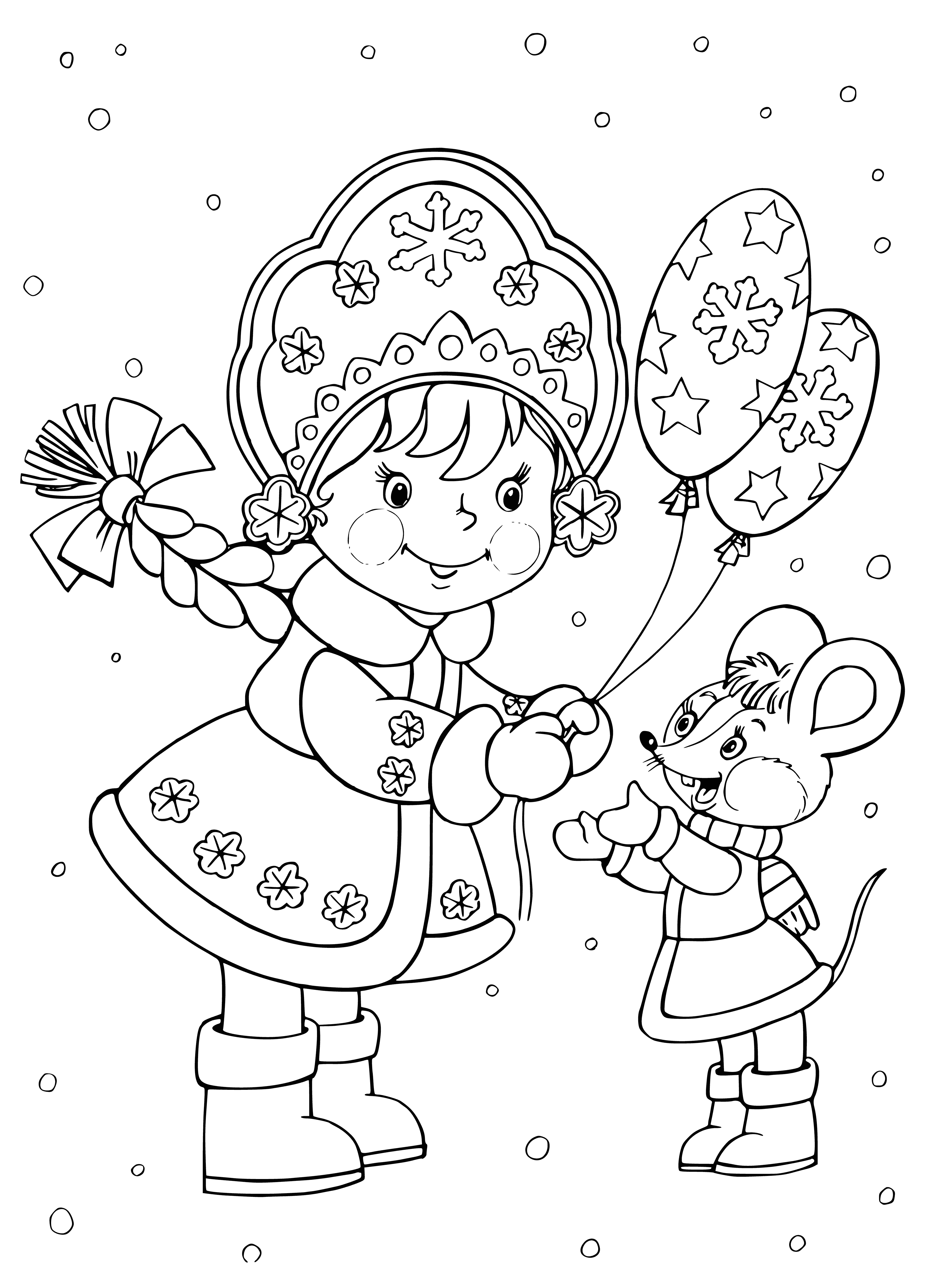 coloring page: Snow Maiden gives a white ball to a child, a special gift!
