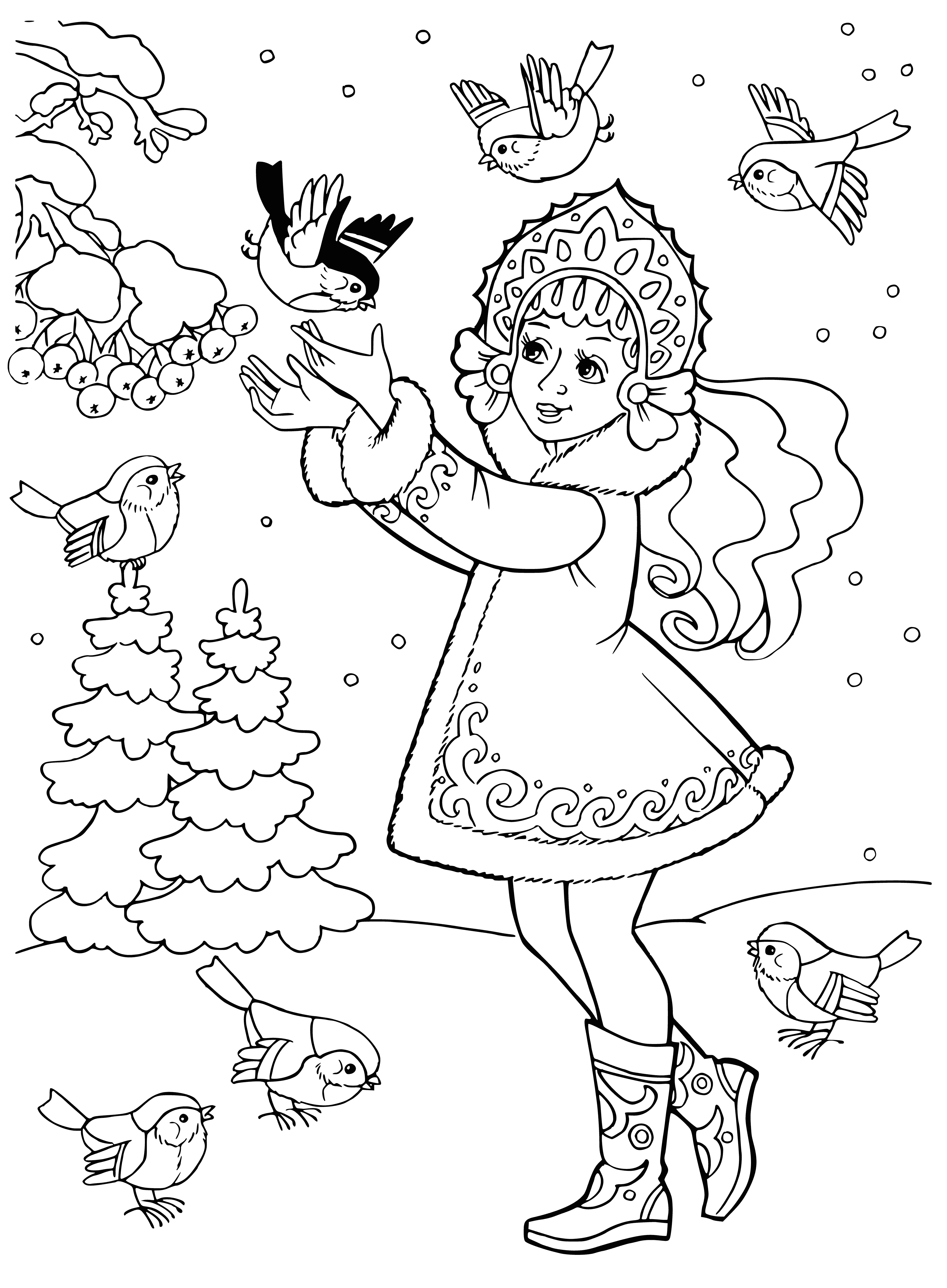 coloring page: Girl with long white hair surrounded by animals & snowflakes in winter scene, filled with magical atmosphere.