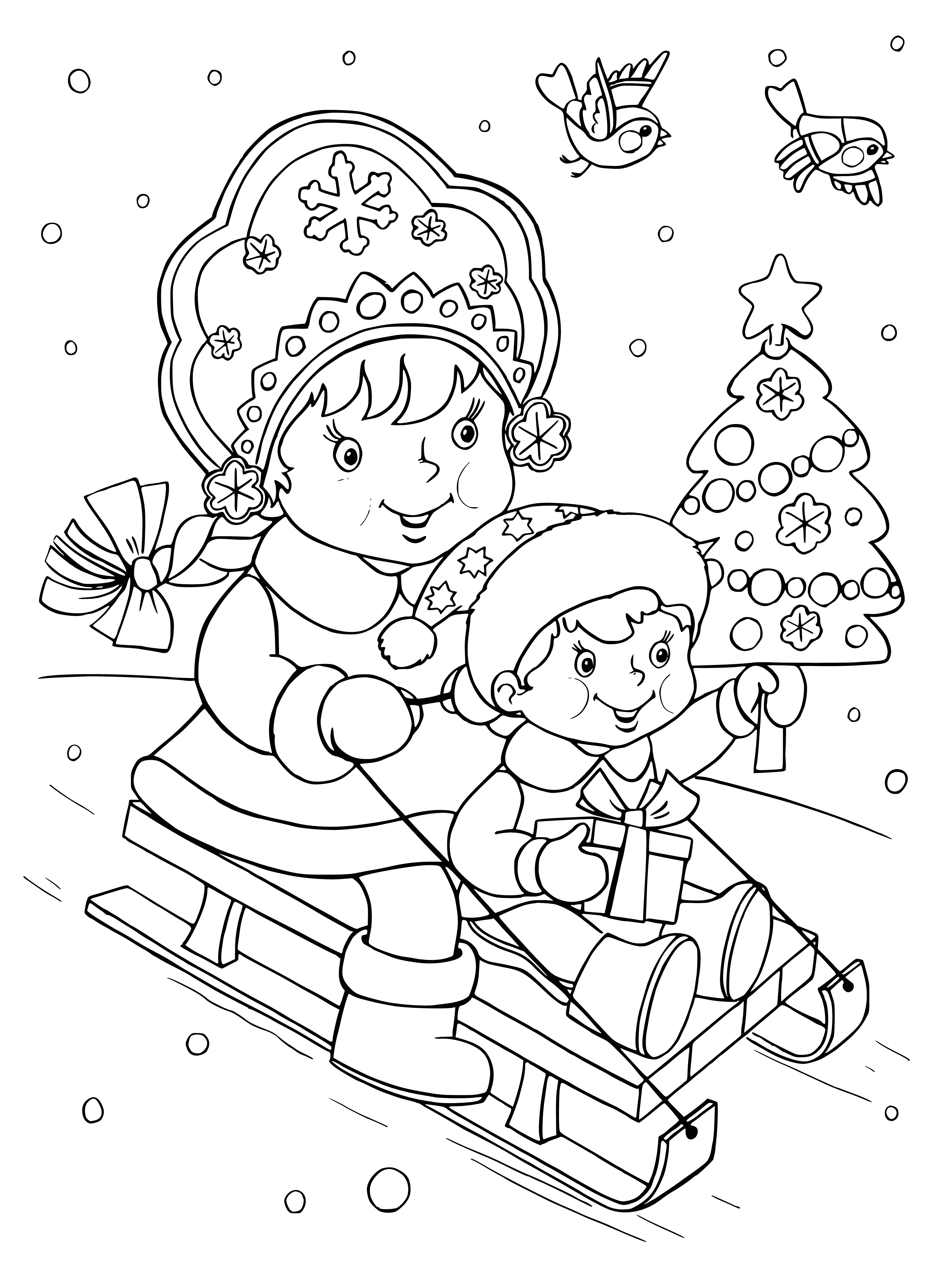 coloring page: Girl sledding, wearing a scarf and hat, smiles with joy.