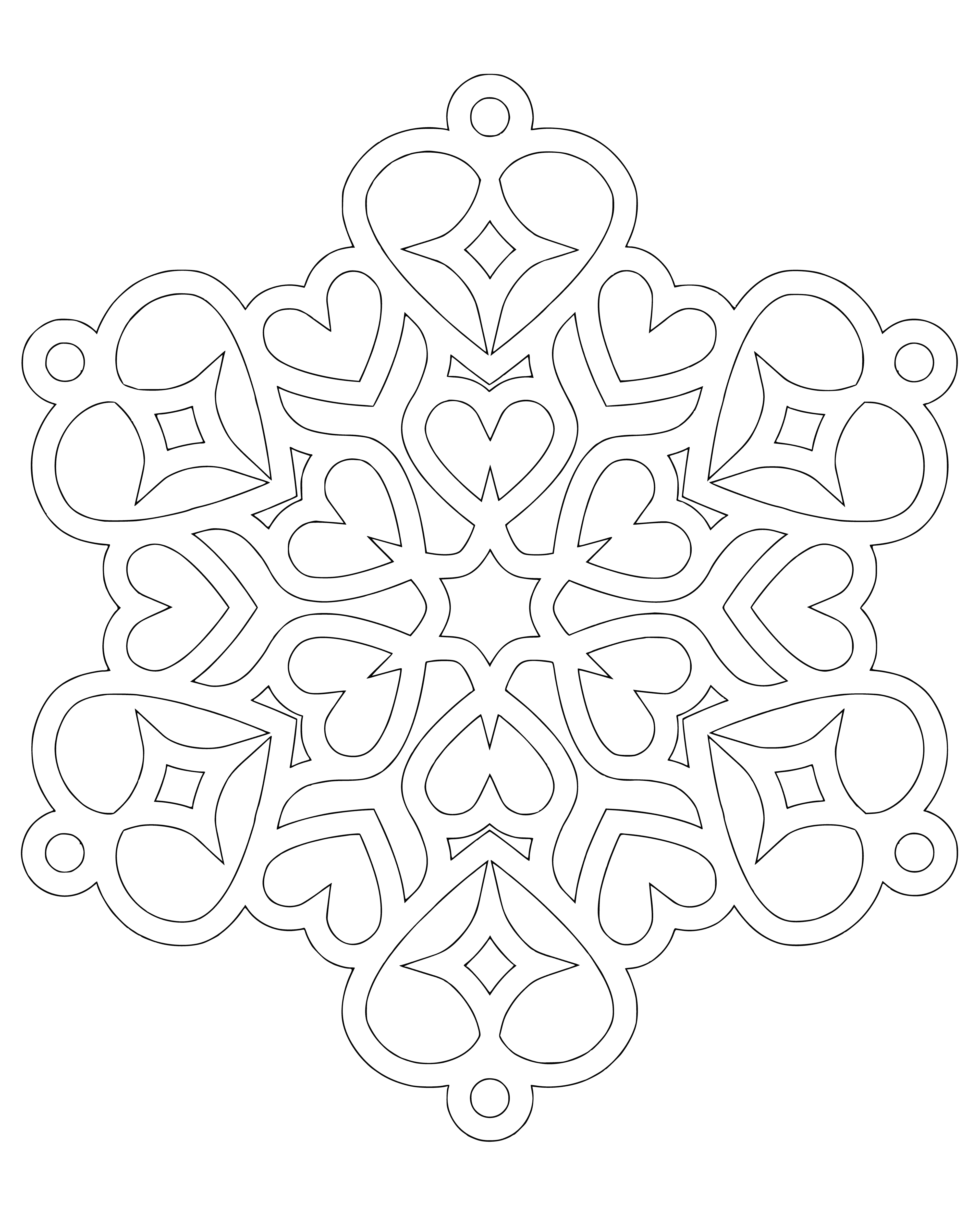 coloring page: A red heart sits surrounded by snowflakes in the center of a beautiful winter scene.